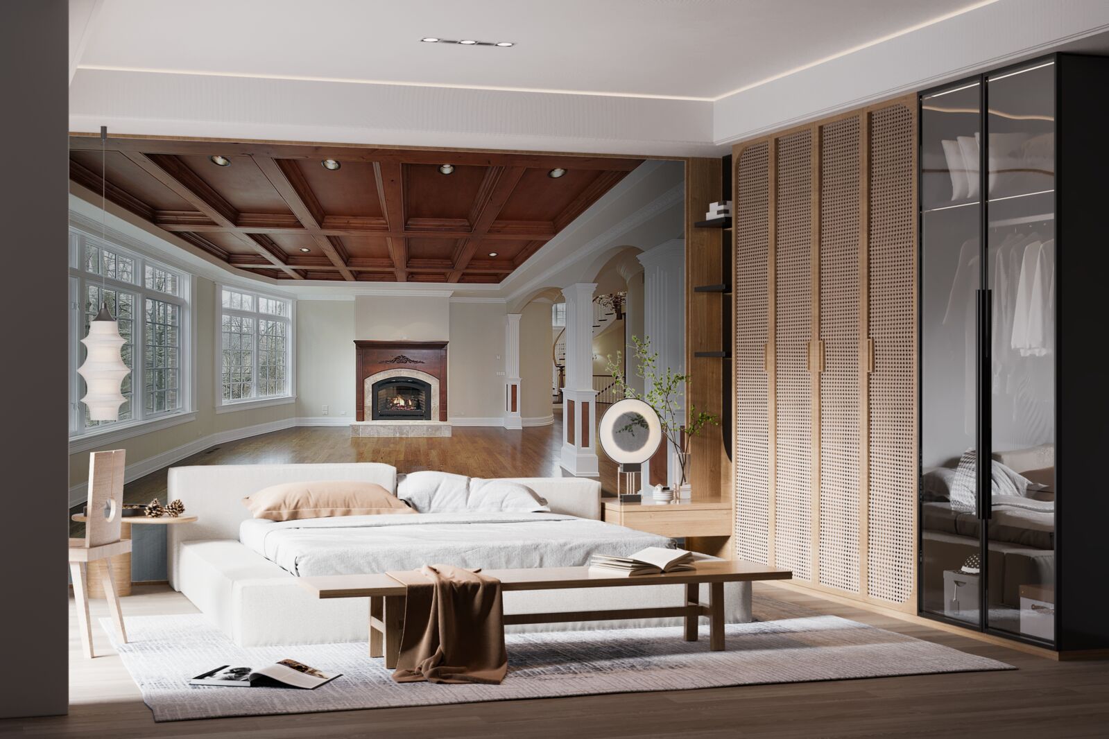 Fototapet interior cu o combinație elegantă de piatră albă și lemn