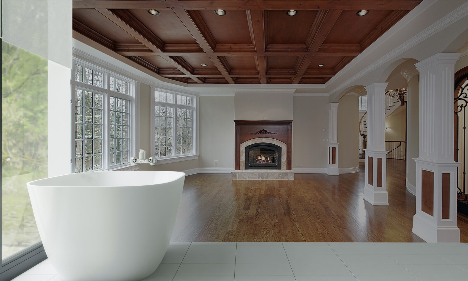 Fototapet interior cu o combinație elegantă de piatră albă și lemn