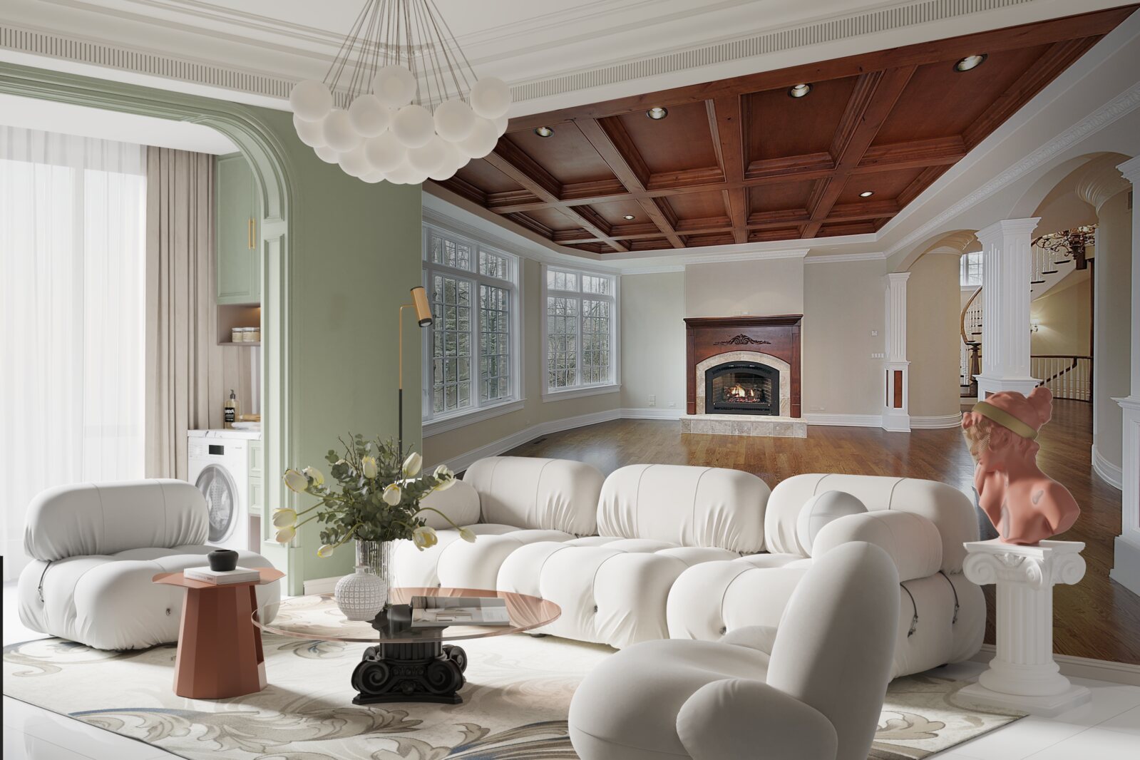 Fototapet interior cu o combinație elegantă de piatră albă și lemn