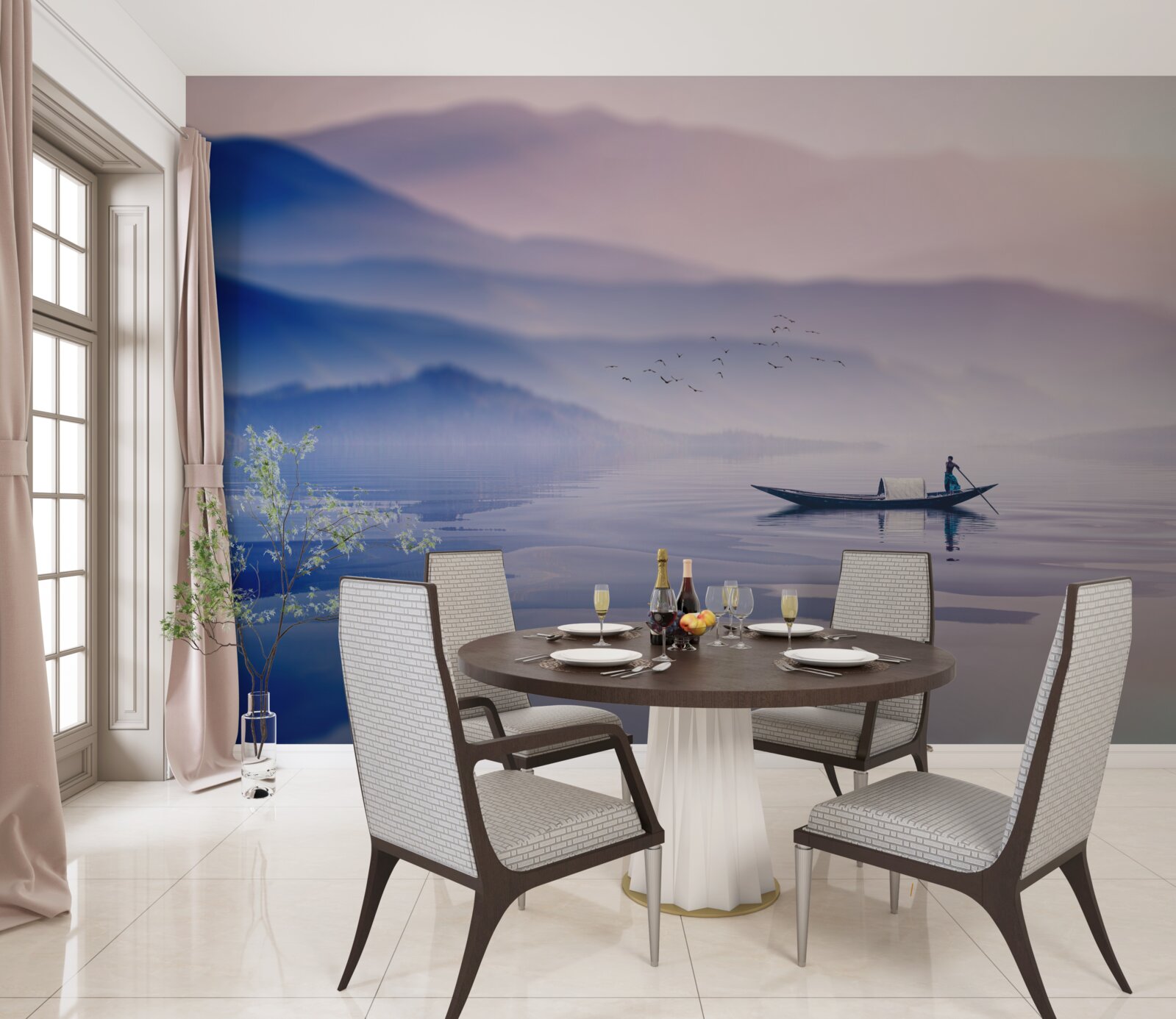 Fototapet pescar singur pe apa cețoasă