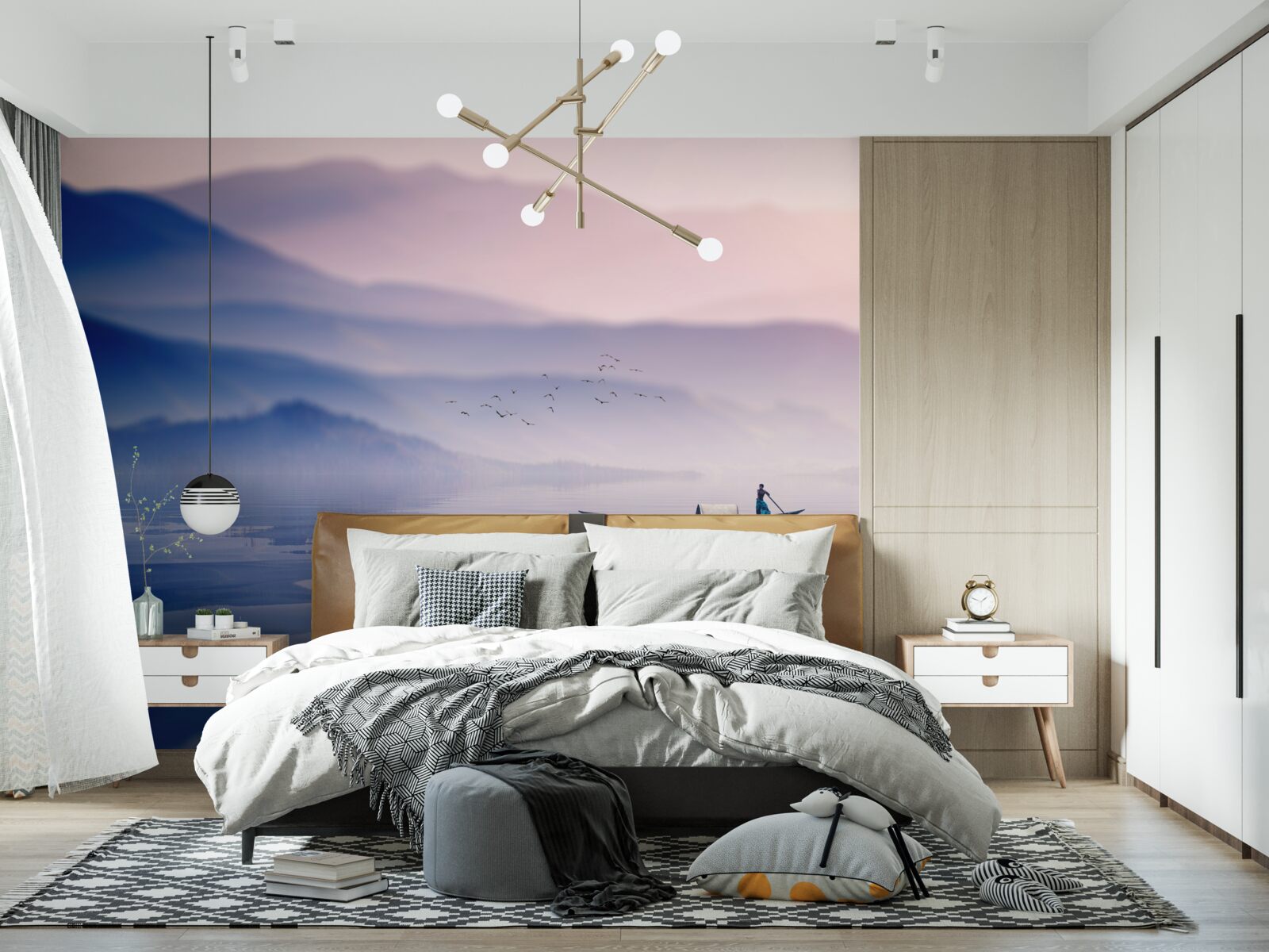 Fototapet pescar singur pe apa cețoasă