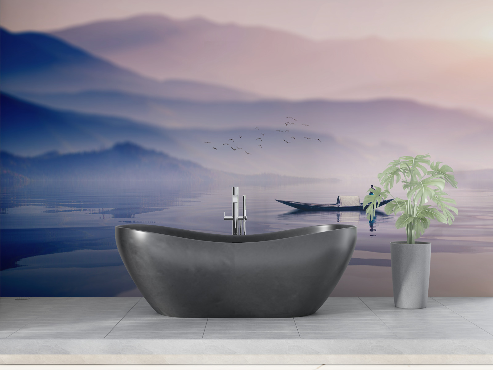 Fototapet pescar singur pe apa cețoasă