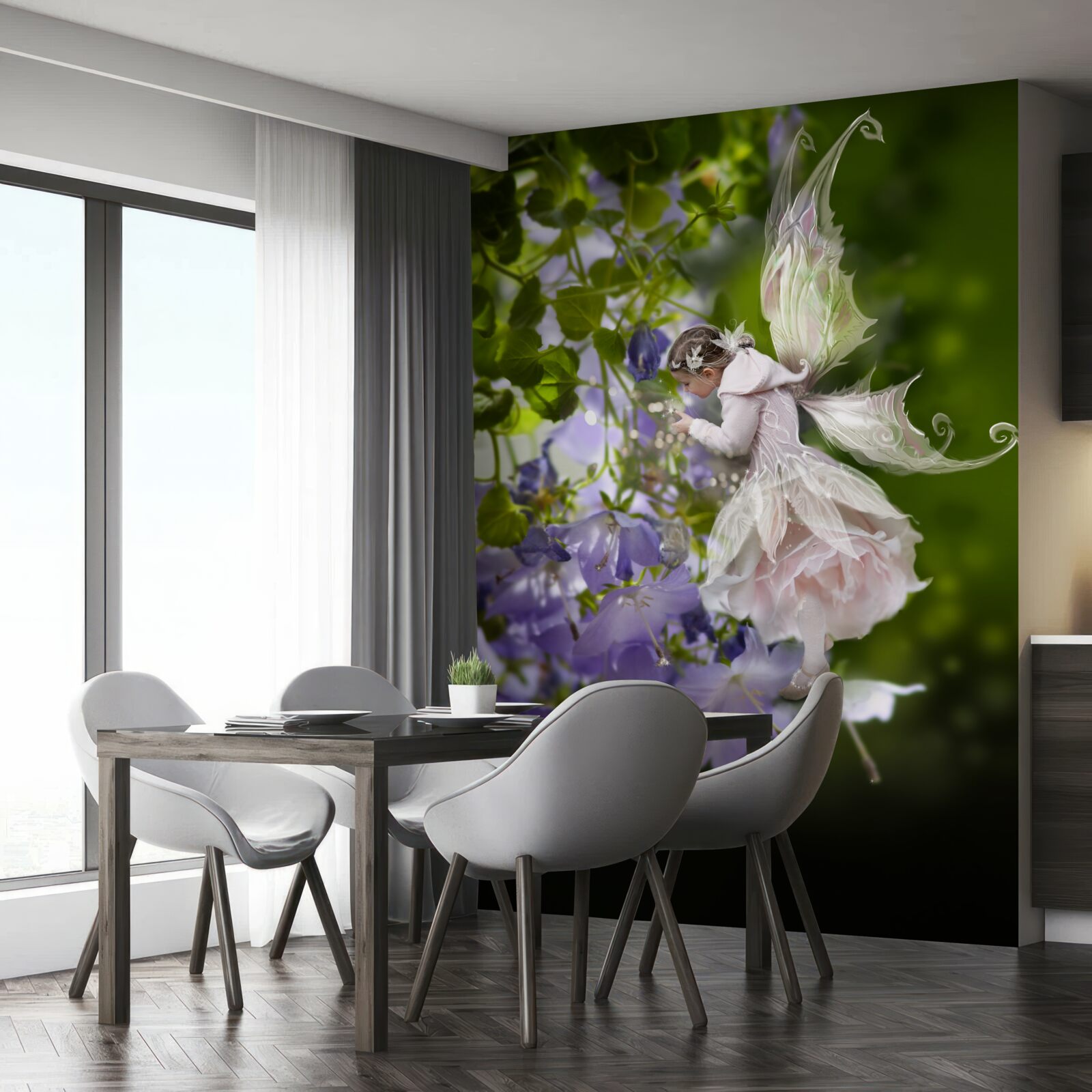 Fototapet silueta unei fete cu un fluture care bea nectar