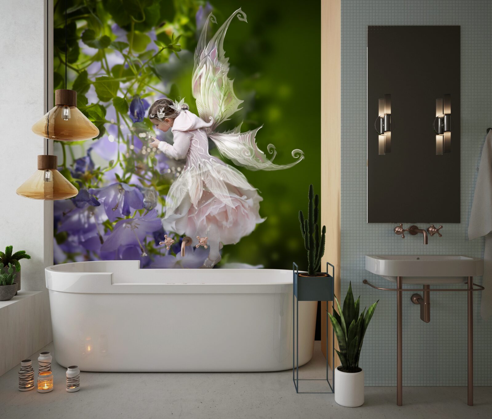 Fototapet silueta unei fete cu un fluture care bea nectar