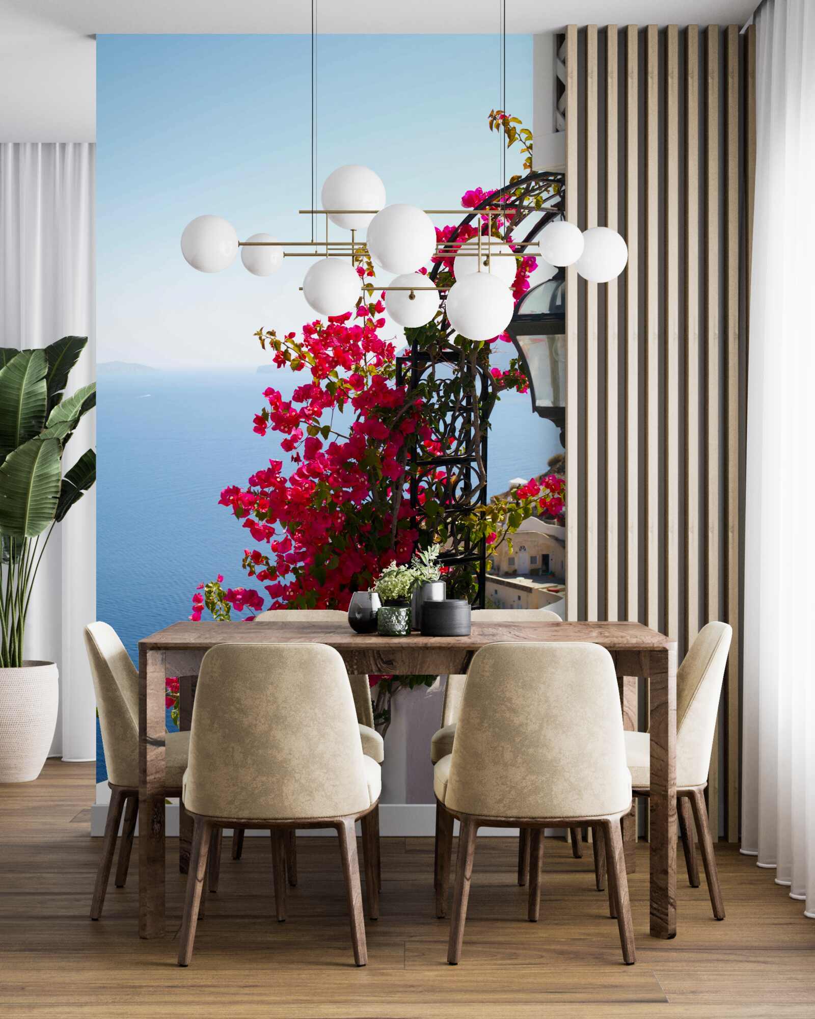 Fototapet Un arc lângă iaz, împletit cu flori roșii înflorite