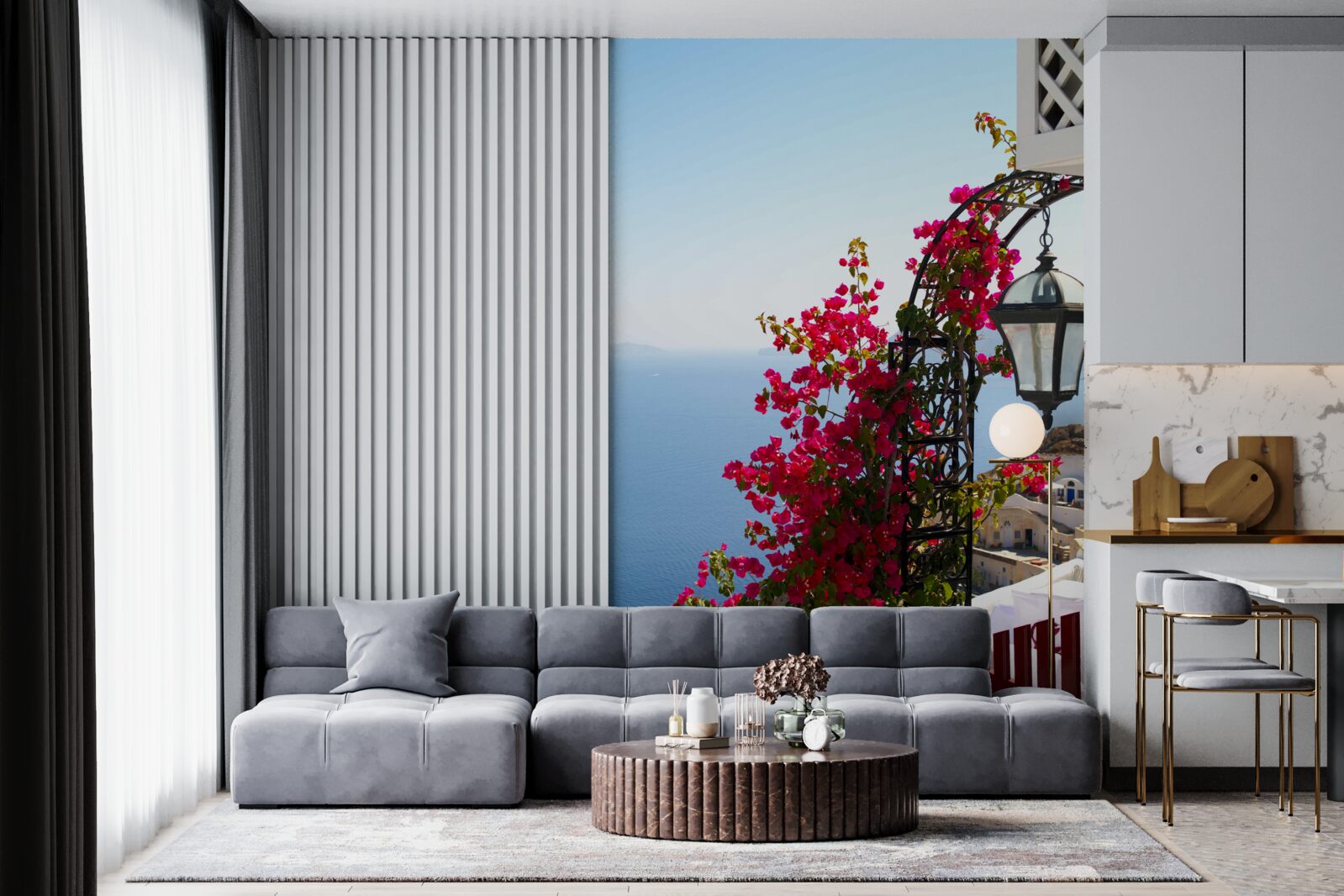 Fototapet Un arc lângă iaz, împletit cu flori roșii înflorite