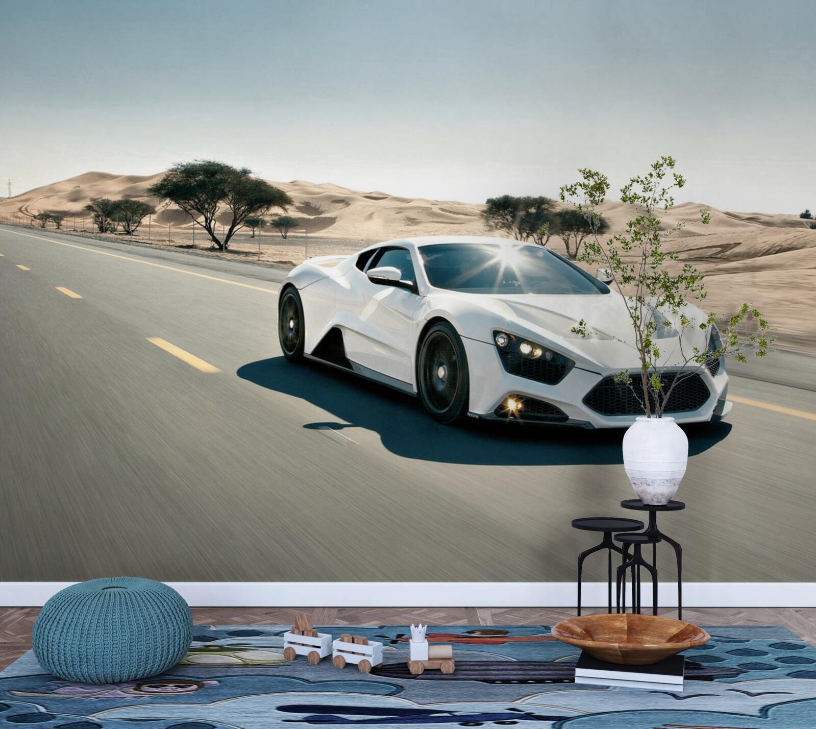 Fototapet o mașină sport albă conduce pe un drum pustiu