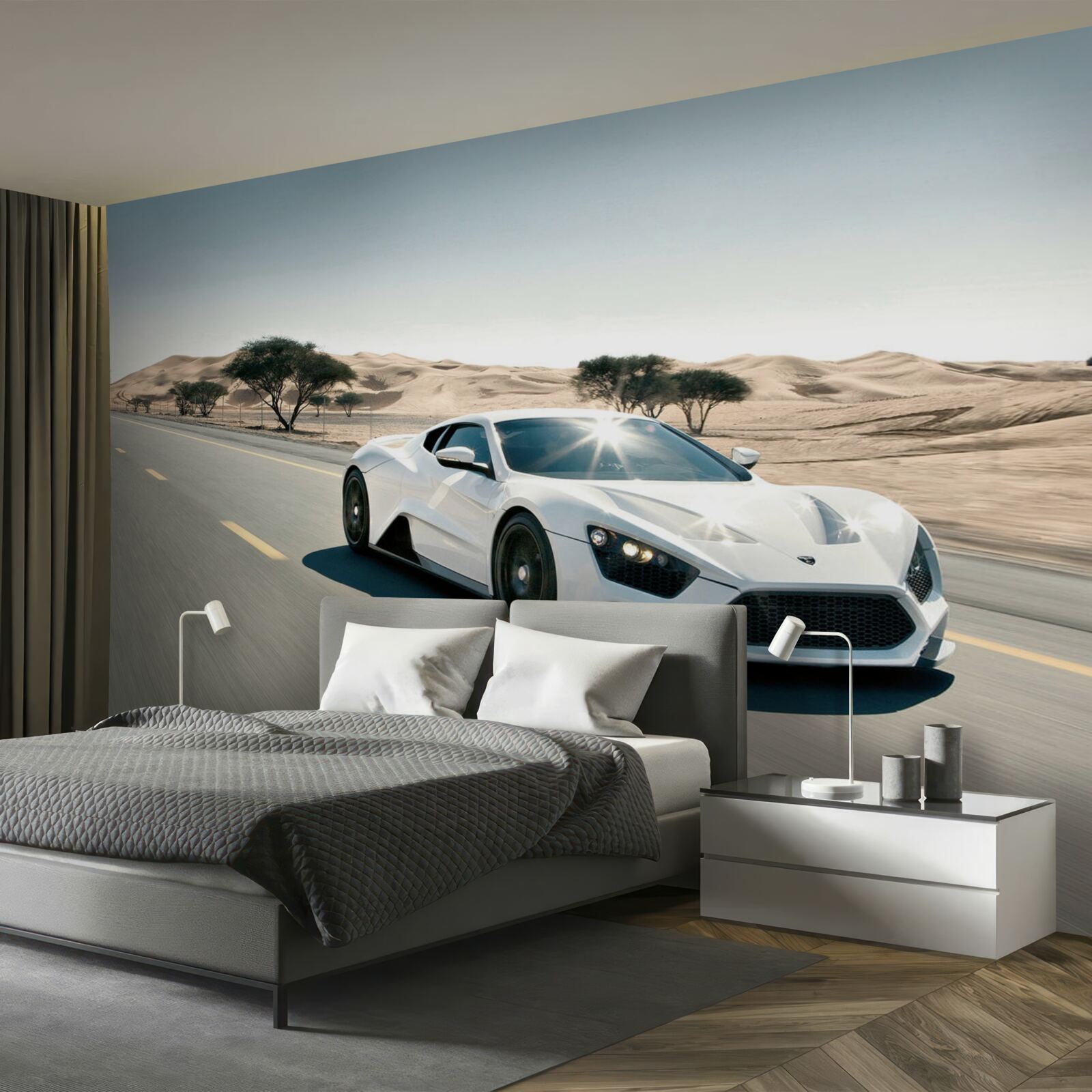 Fototapet o mașină sport albă conduce pe un drum pustiu