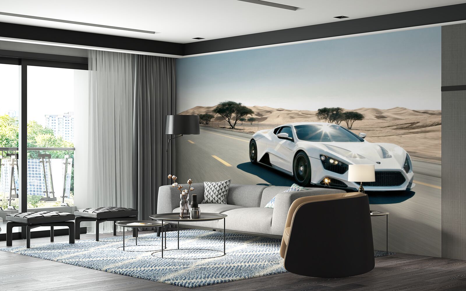 Fototapet o mașină sport albă conduce pe un drum pustiu