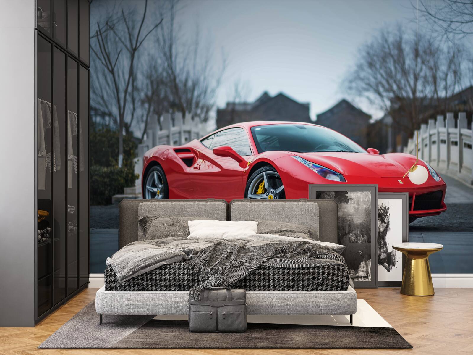 Fototapet un magnific ferrari roșu cărămiziu pe vreme ploioasă