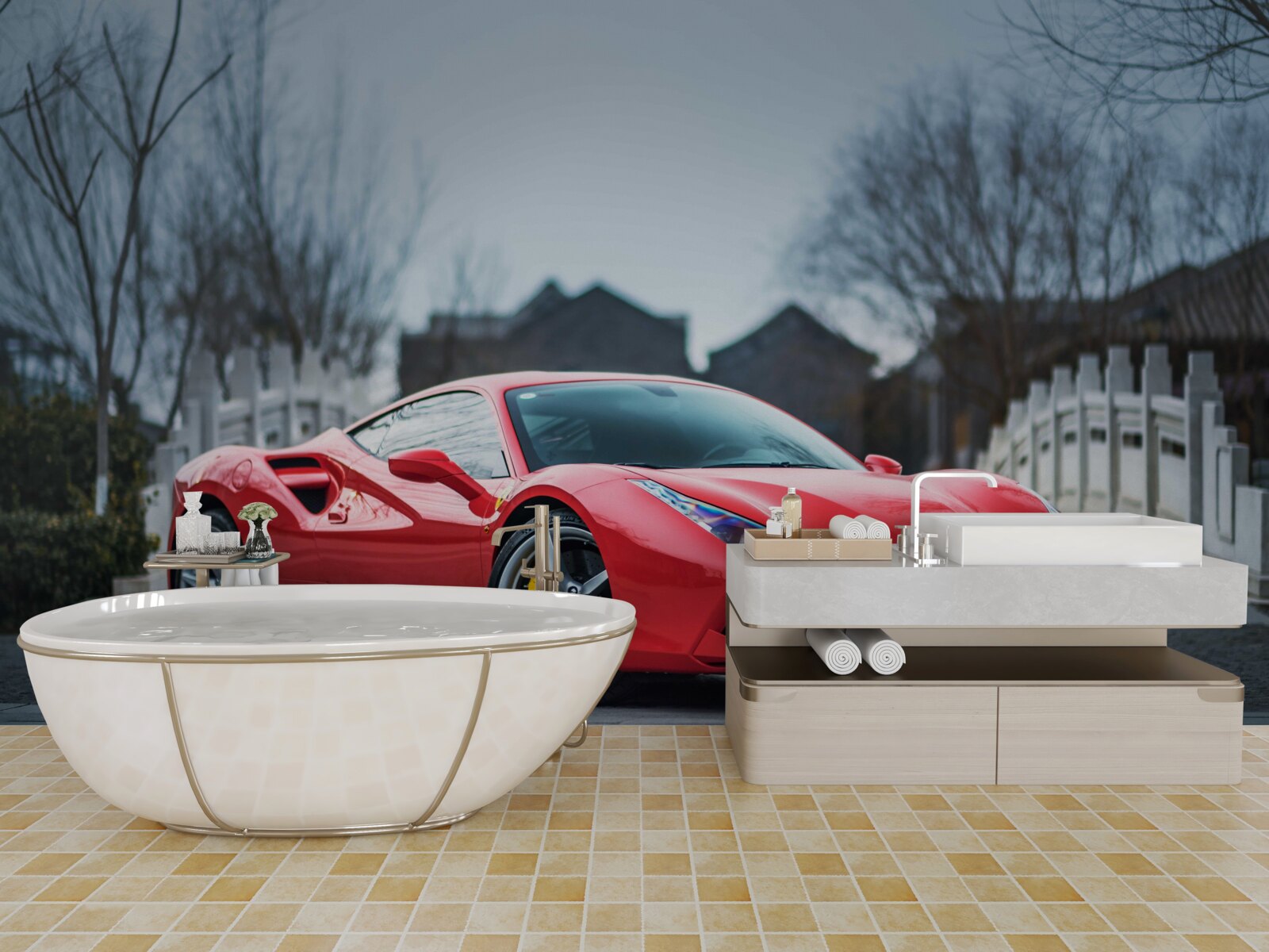 Fototapet un magnific ferrari roșu cărămiziu pe vreme ploioasă