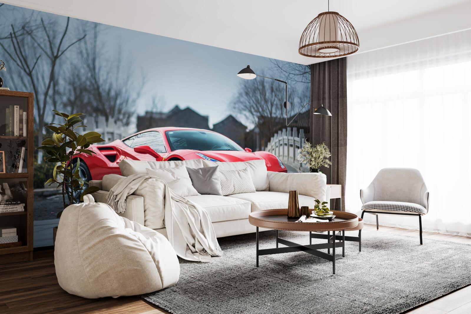 Fototapet un magnific ferrari roșu cărămiziu pe vreme ploioasă