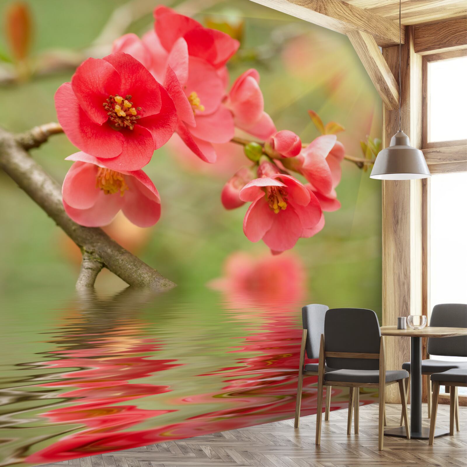 Fototapet flori de sakura cărămiziu strălucesc lângă apă într-o zi însorită