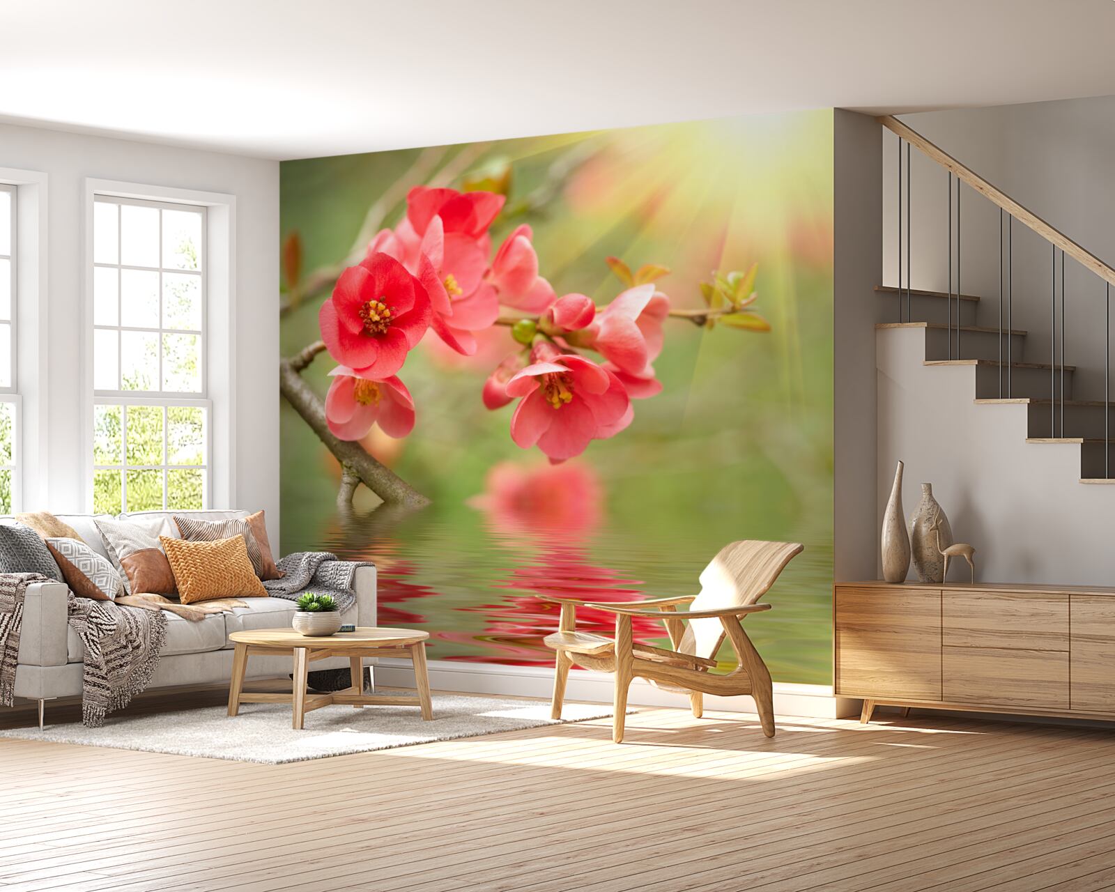 Fototapet flori de sakura cărămiziu strălucesc lângă apă într-o zi însorită