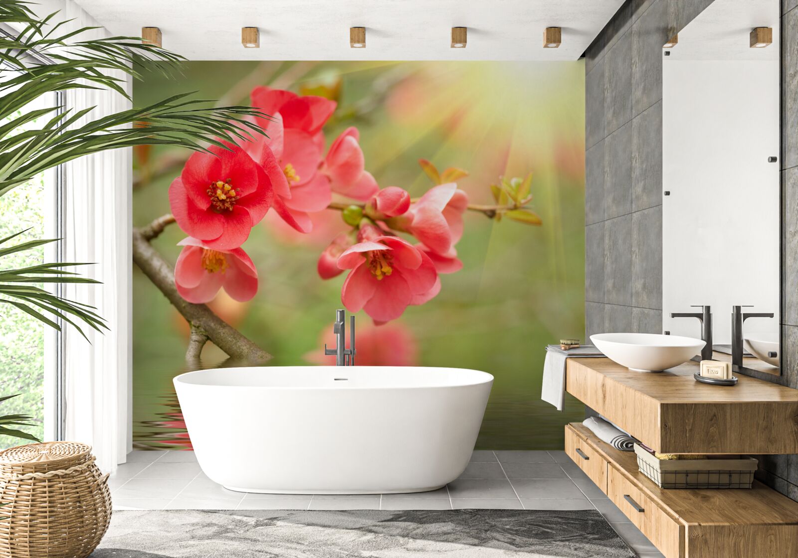 Fototapet flori de sakura cărămiziu strălucesc lângă apă într-o zi însorită