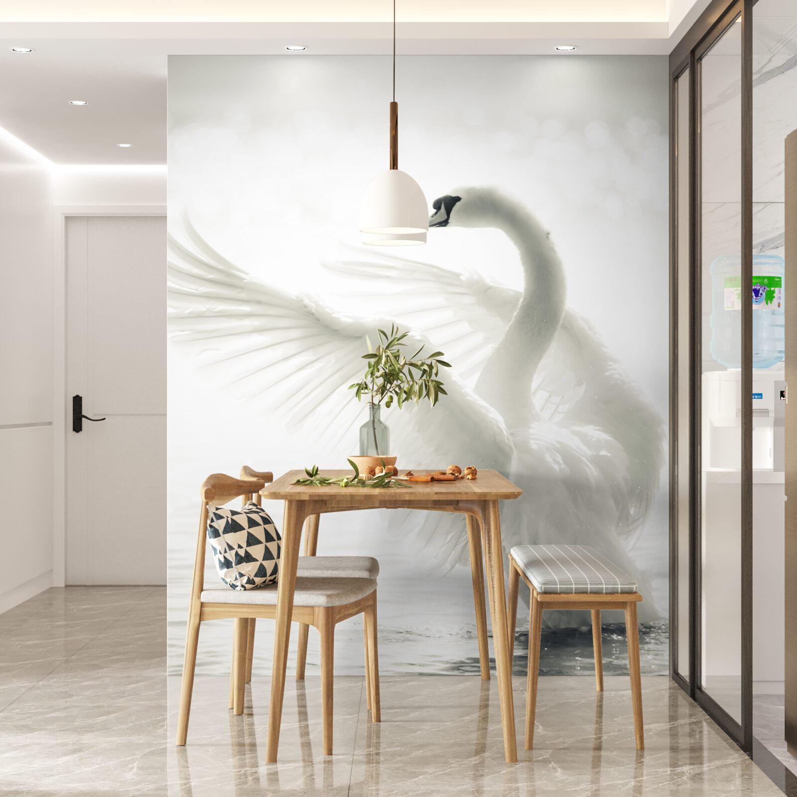 Fototapet lebăda albă cade în apă