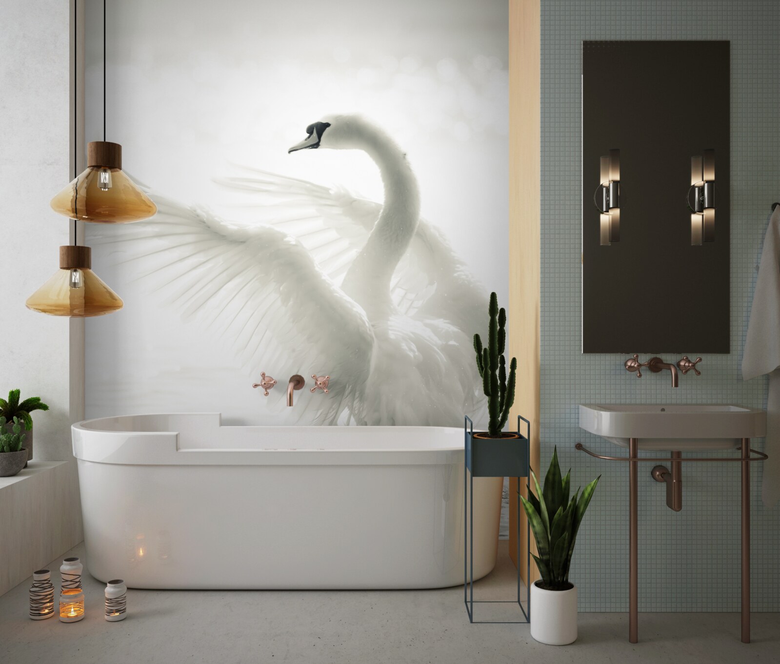 Fototapet lebăda albă cade în apă