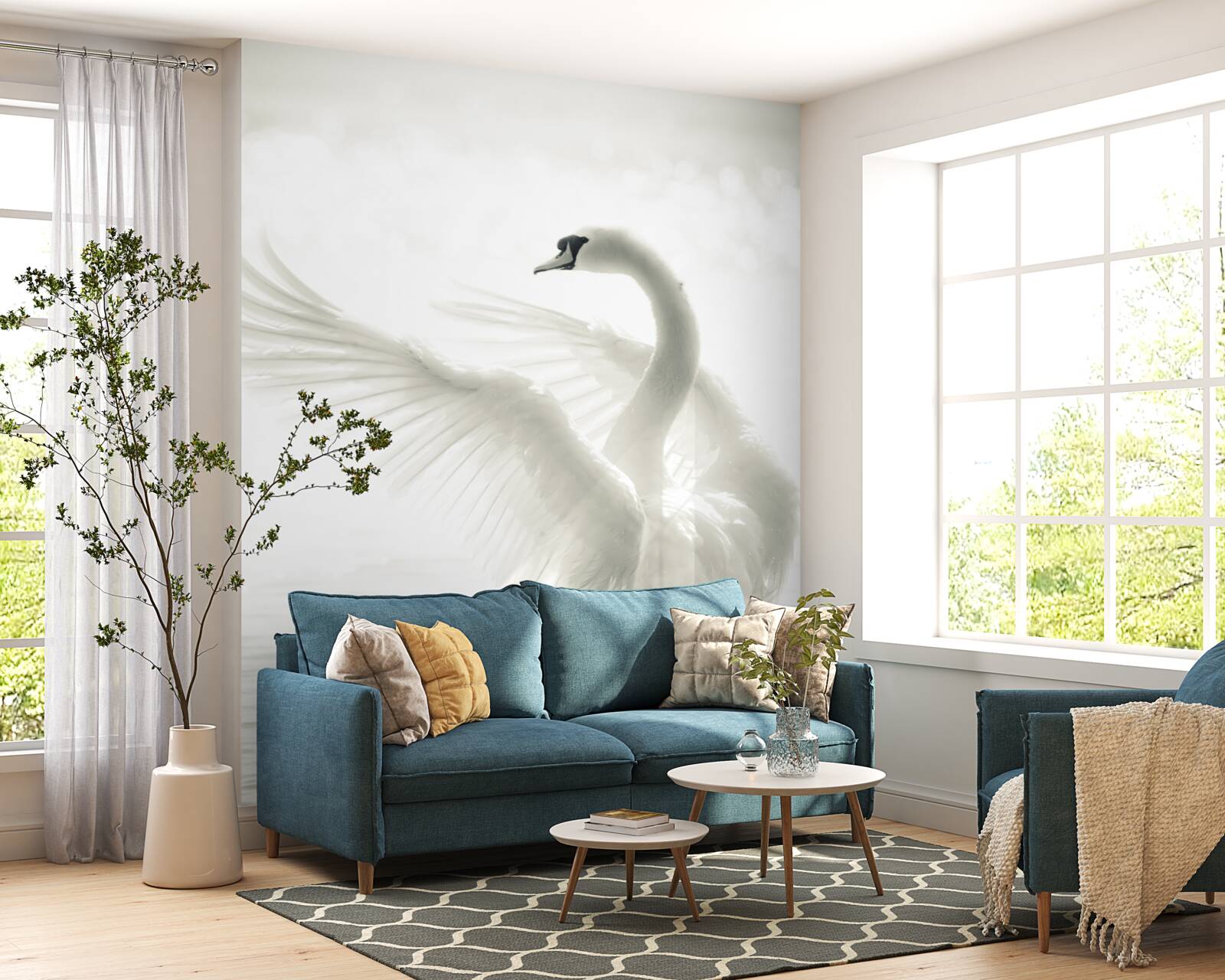 Fototapet lebăda albă cade în apă