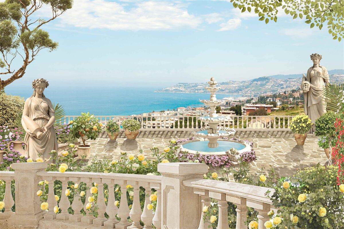 Fototapet terasă din piatră cu fântână și vedere la ocean