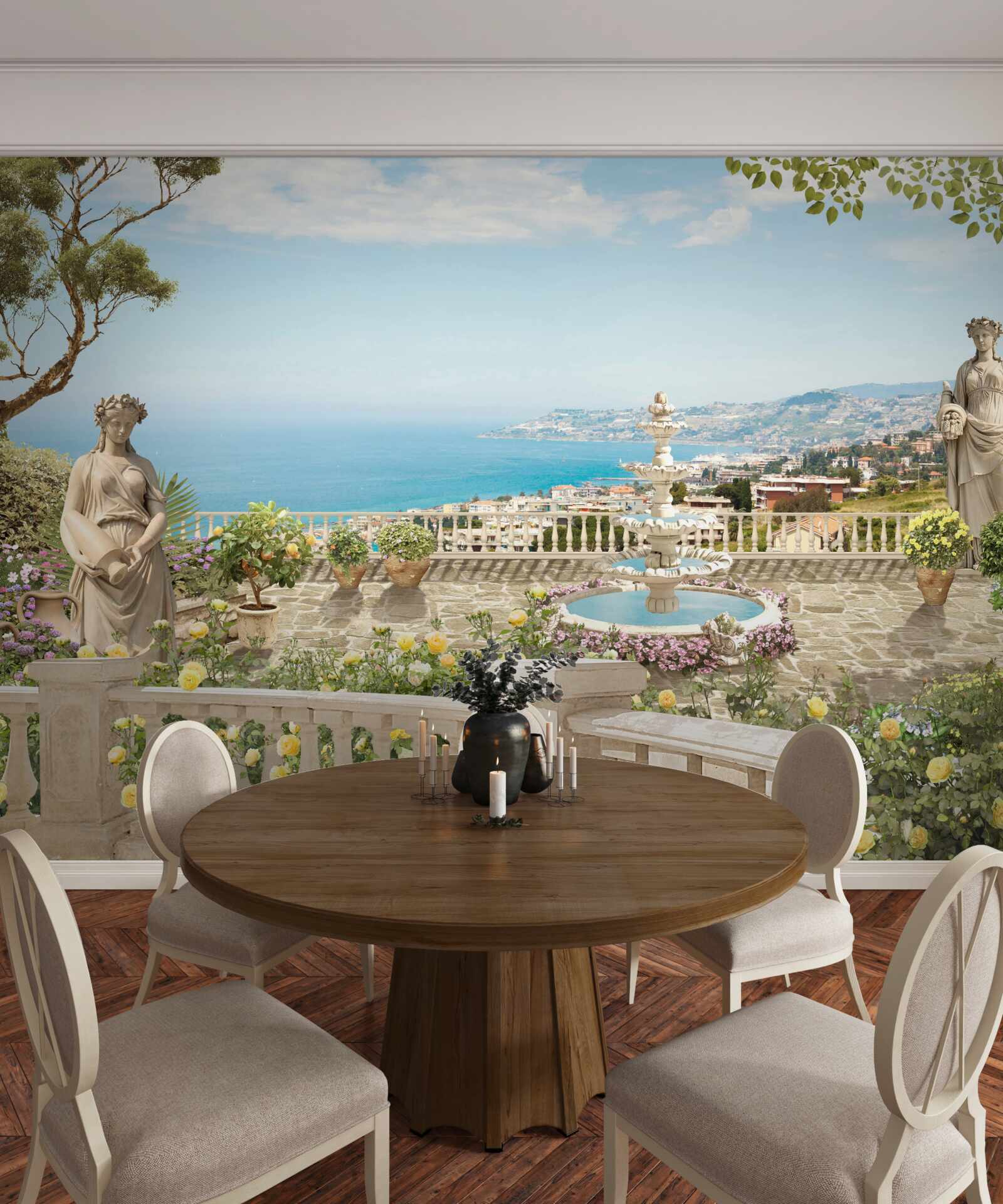 Fototapet terasă din piatră cu fântână și vedere la ocean