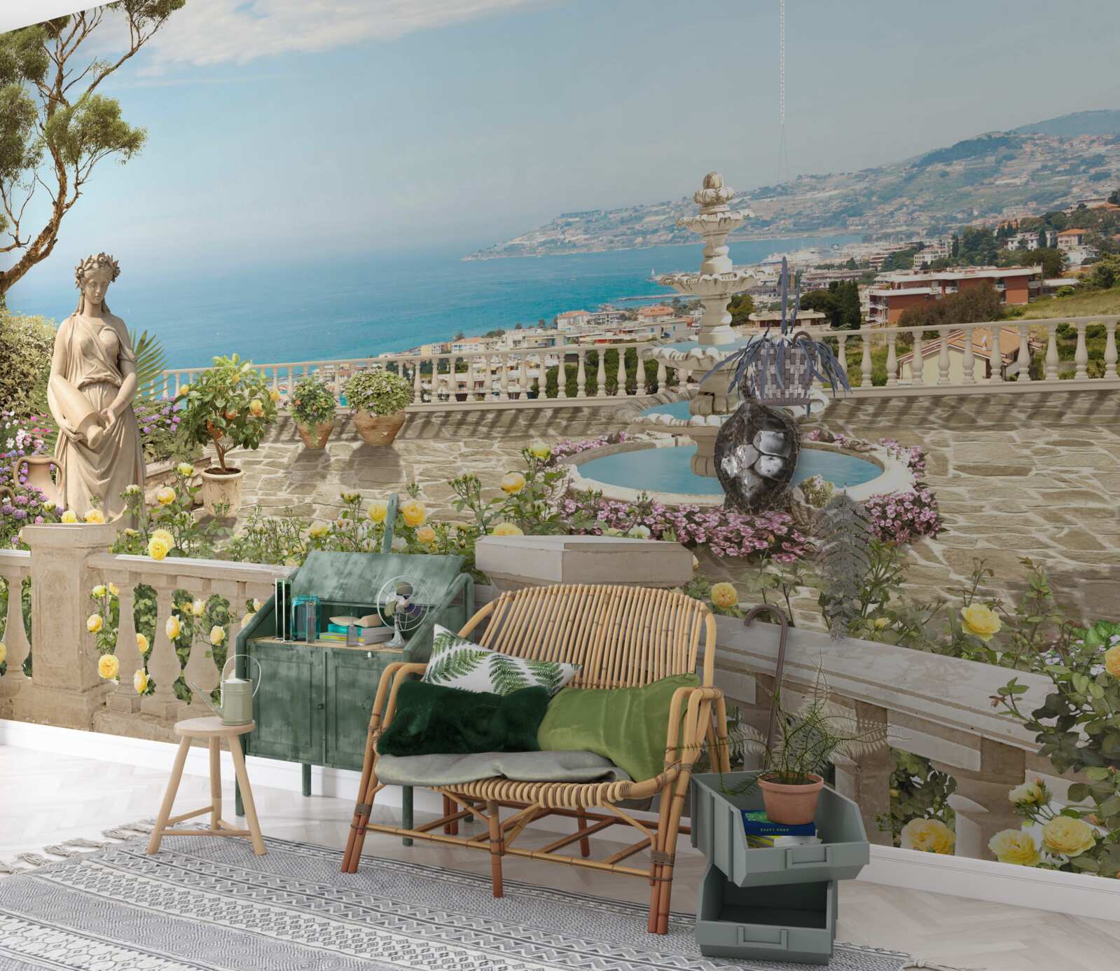 Fototapet terasă din piatră cu fântână și vedere la ocean