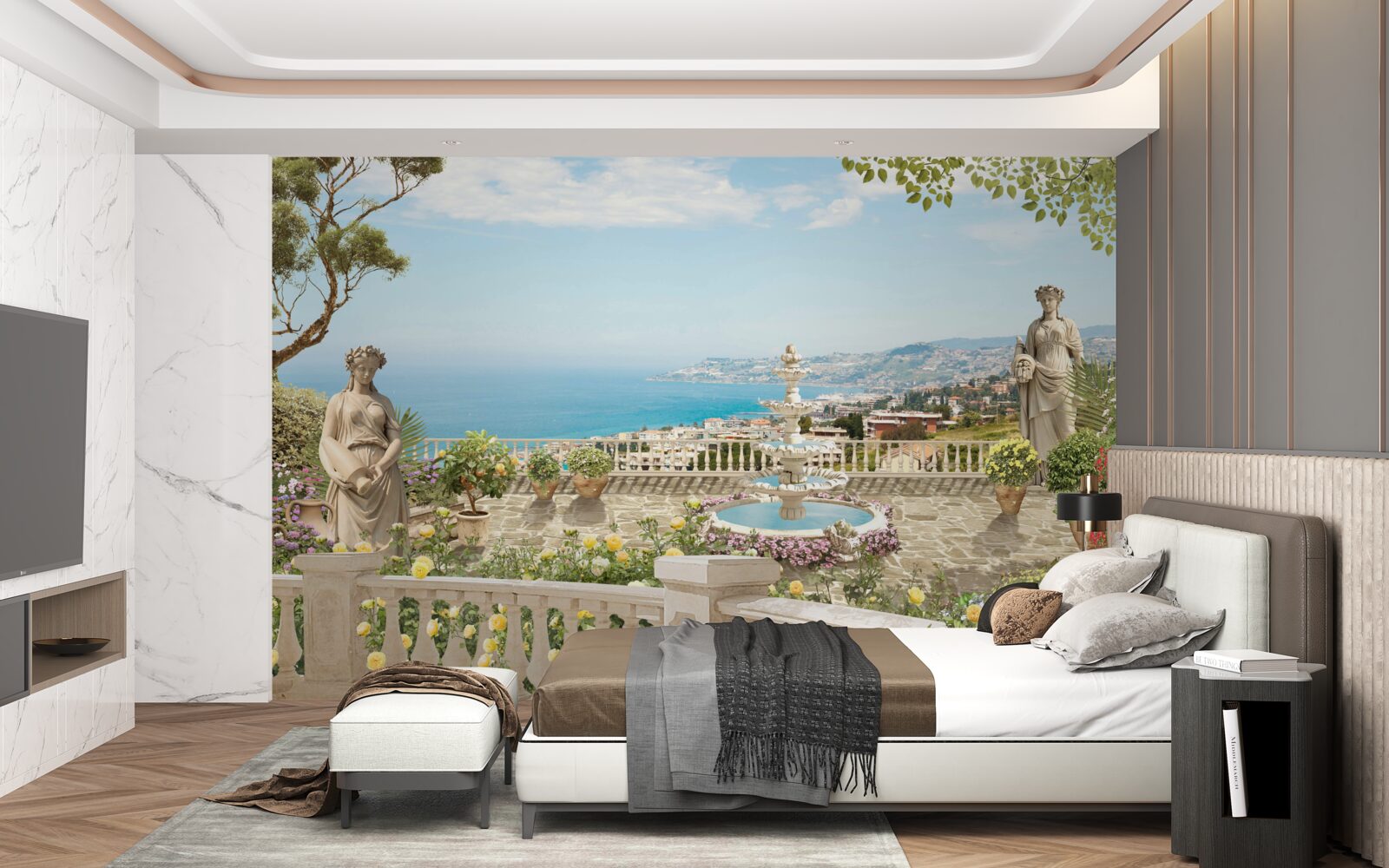 Fototapet terasă din piatră cu fântână și vedere la ocean