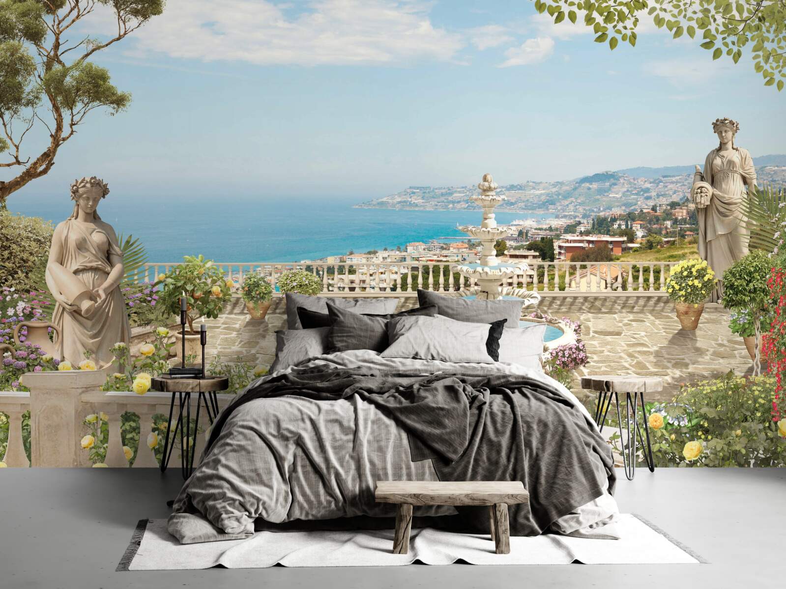 Fototapet terasă din piatră cu fântână și vedere la ocean