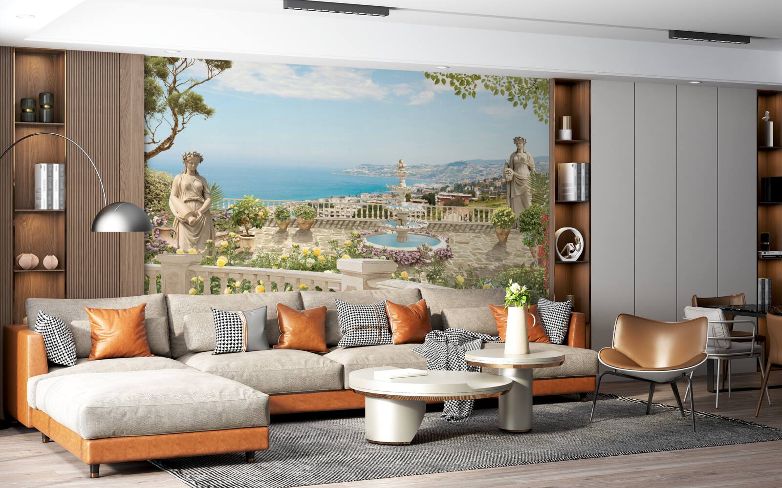 Fototapet terasă din piatră cu fântână și vedere la ocean