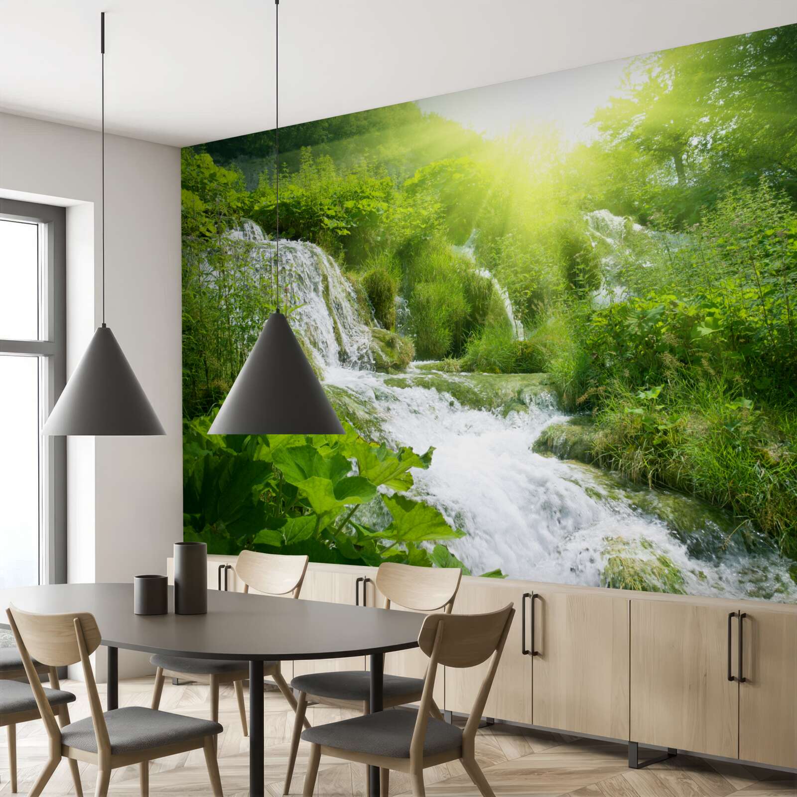 Fototapet un soare orbitor luminează o cascadă spumoasă