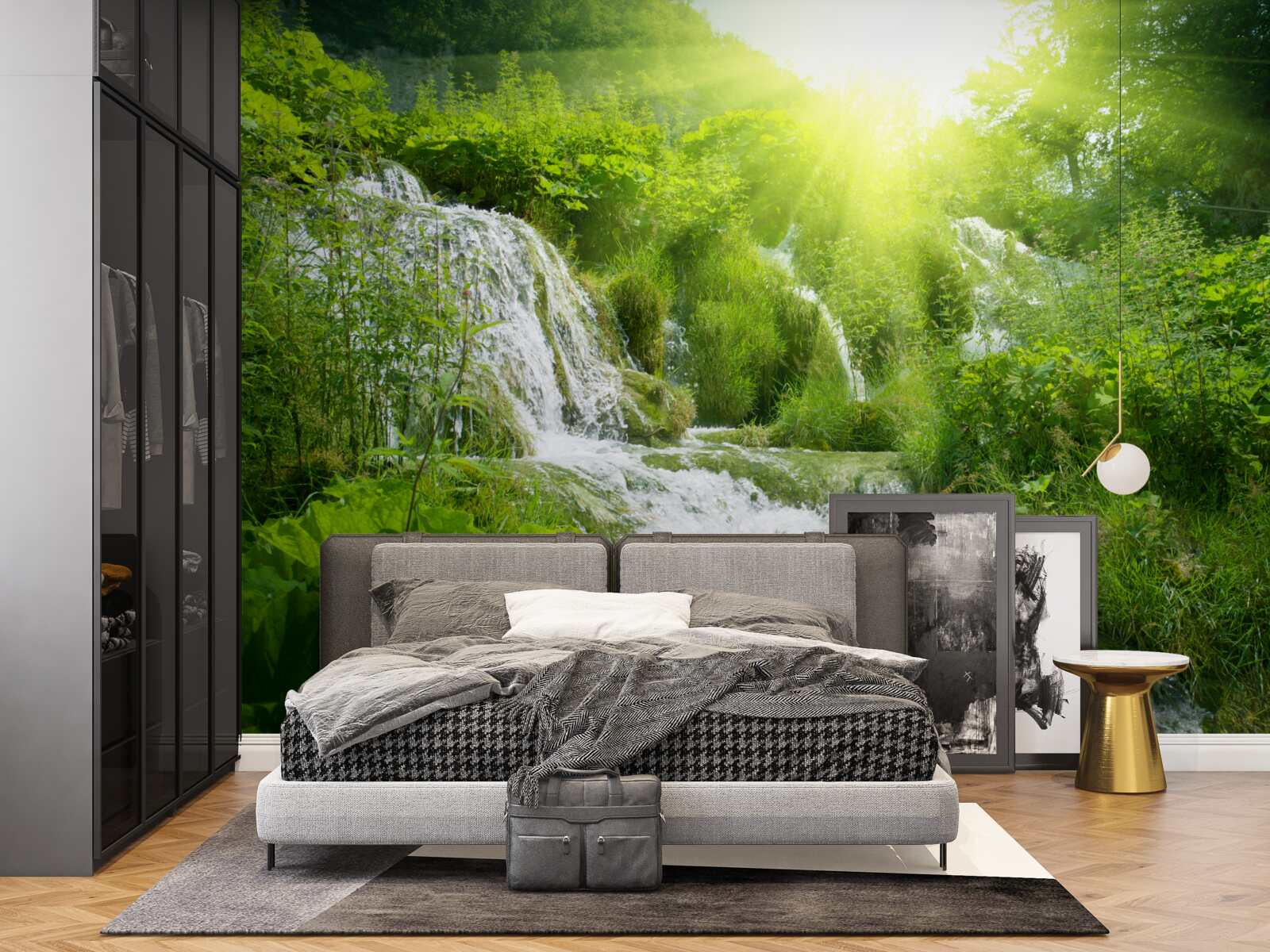 Fototapet un soare orbitor luminează o cascadă spumoasă