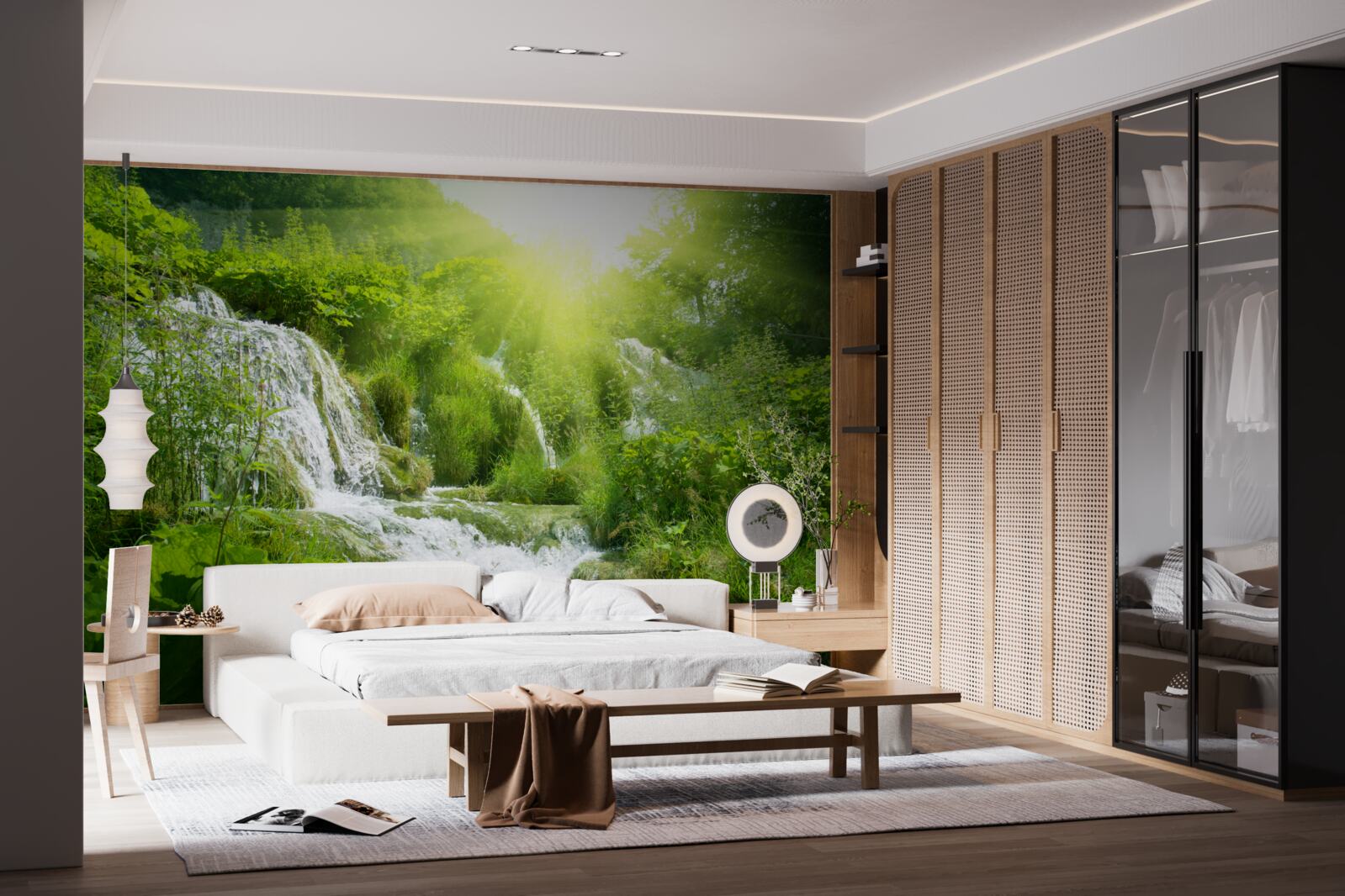 Fototapet un soare orbitor luminează o cascadă spumoasă