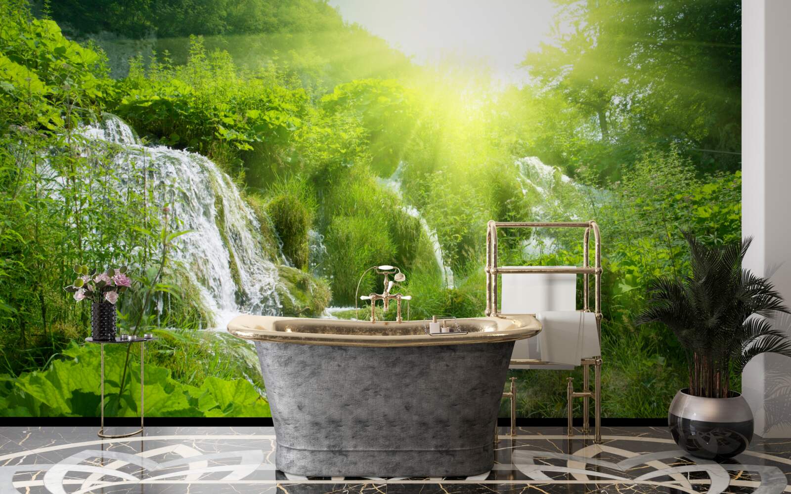 Fototapet un soare orbitor luminează o cascadă spumoasă