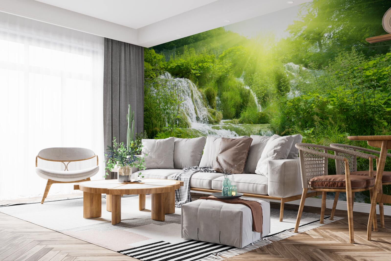 Fototapet un soare orbitor luminează o cascadă spumoasă