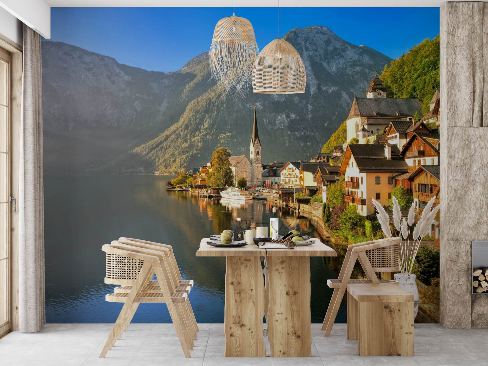 Fototapet un sat din elveția înconjurat de iazuri și munți