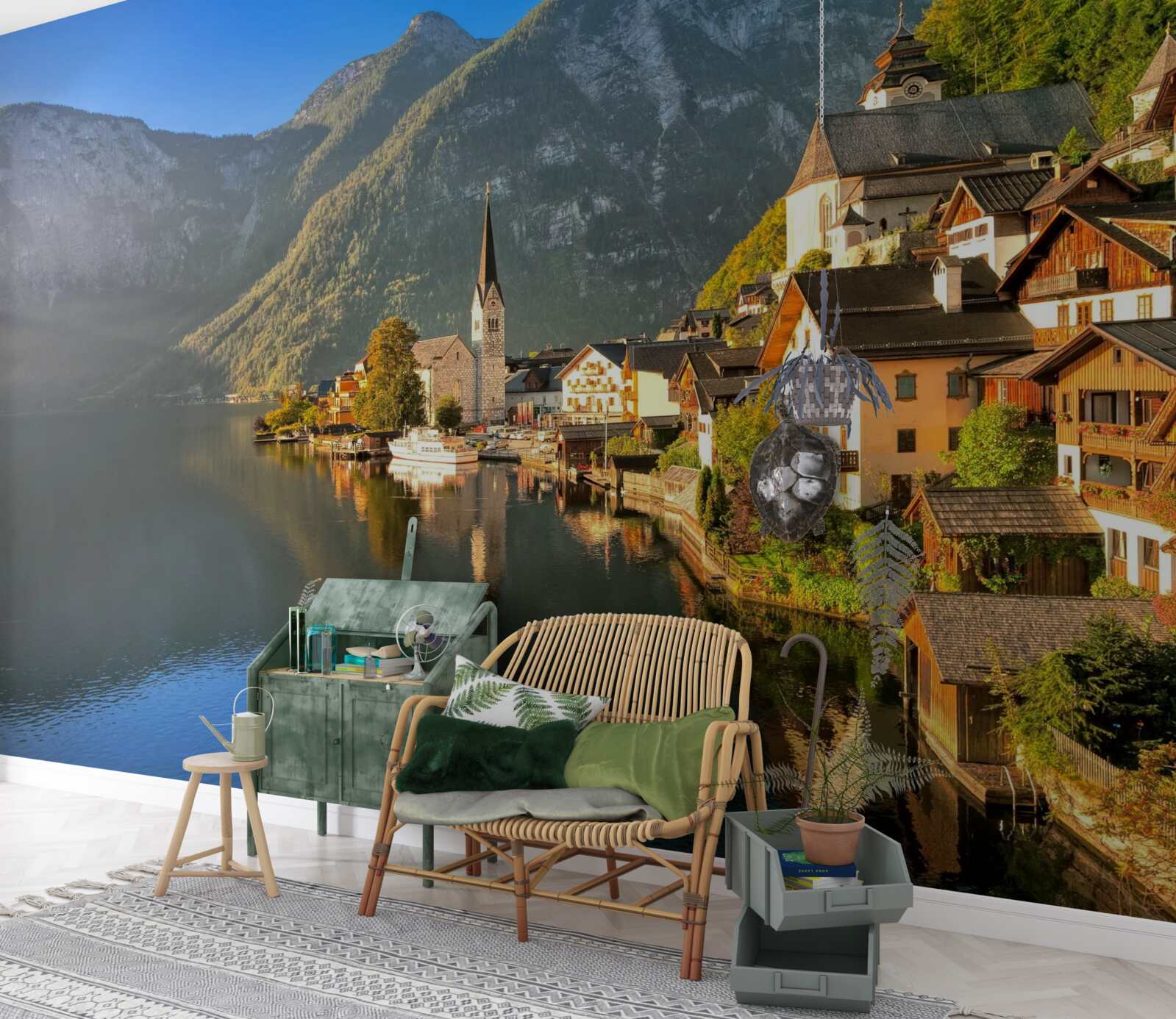 Fototapet un sat din elveția înconjurat de iazuri și munți