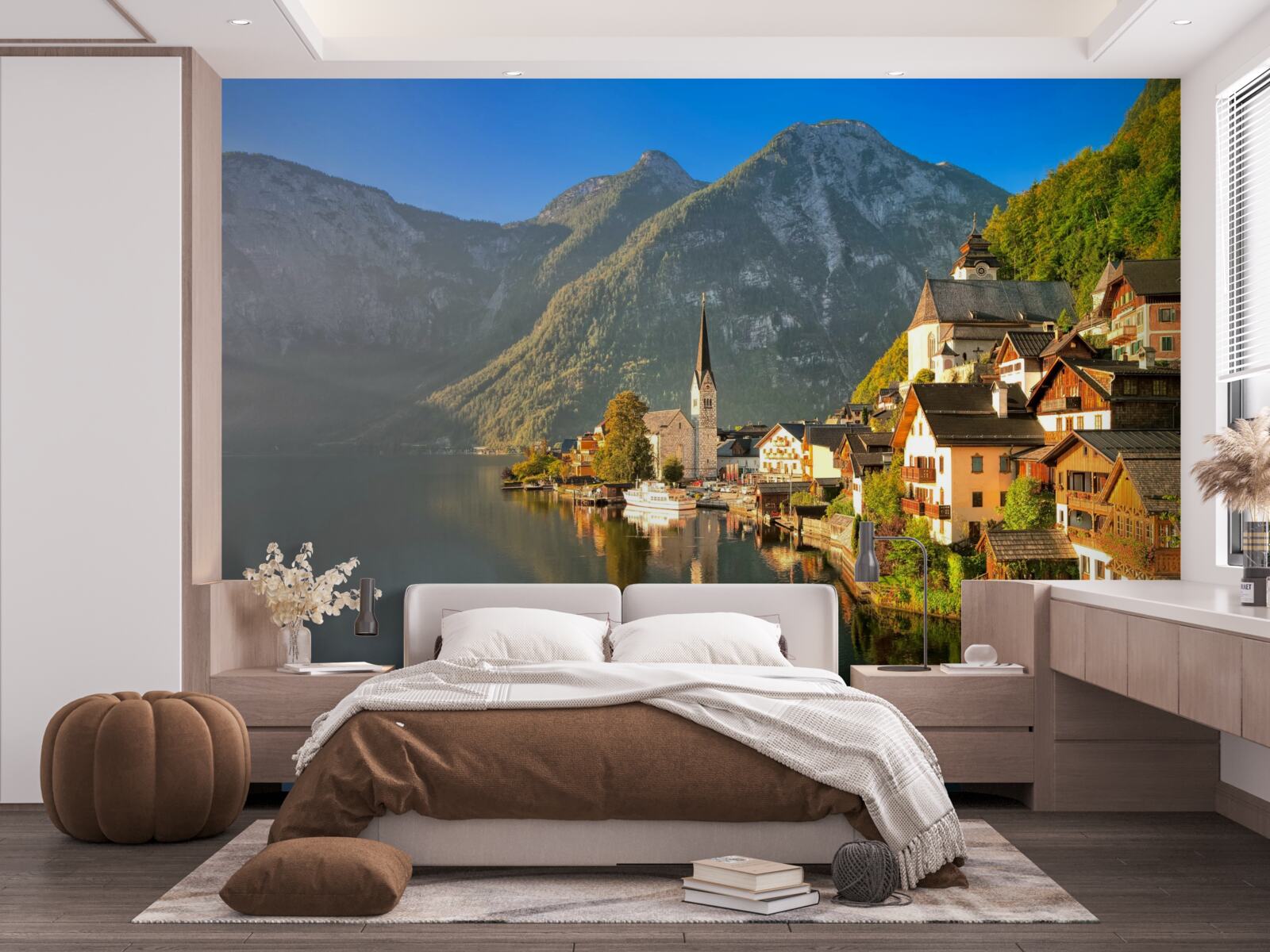 Fototapet un sat din elveția înconjurat de iazuri și munți