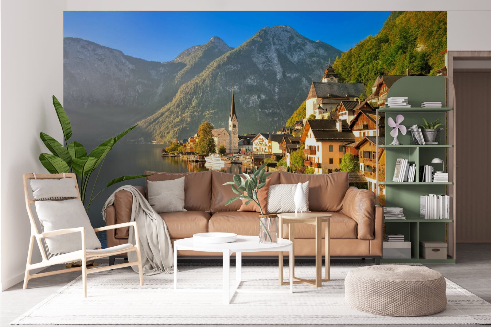 Fototapet un sat din elveția înconjurat de iazuri și munți