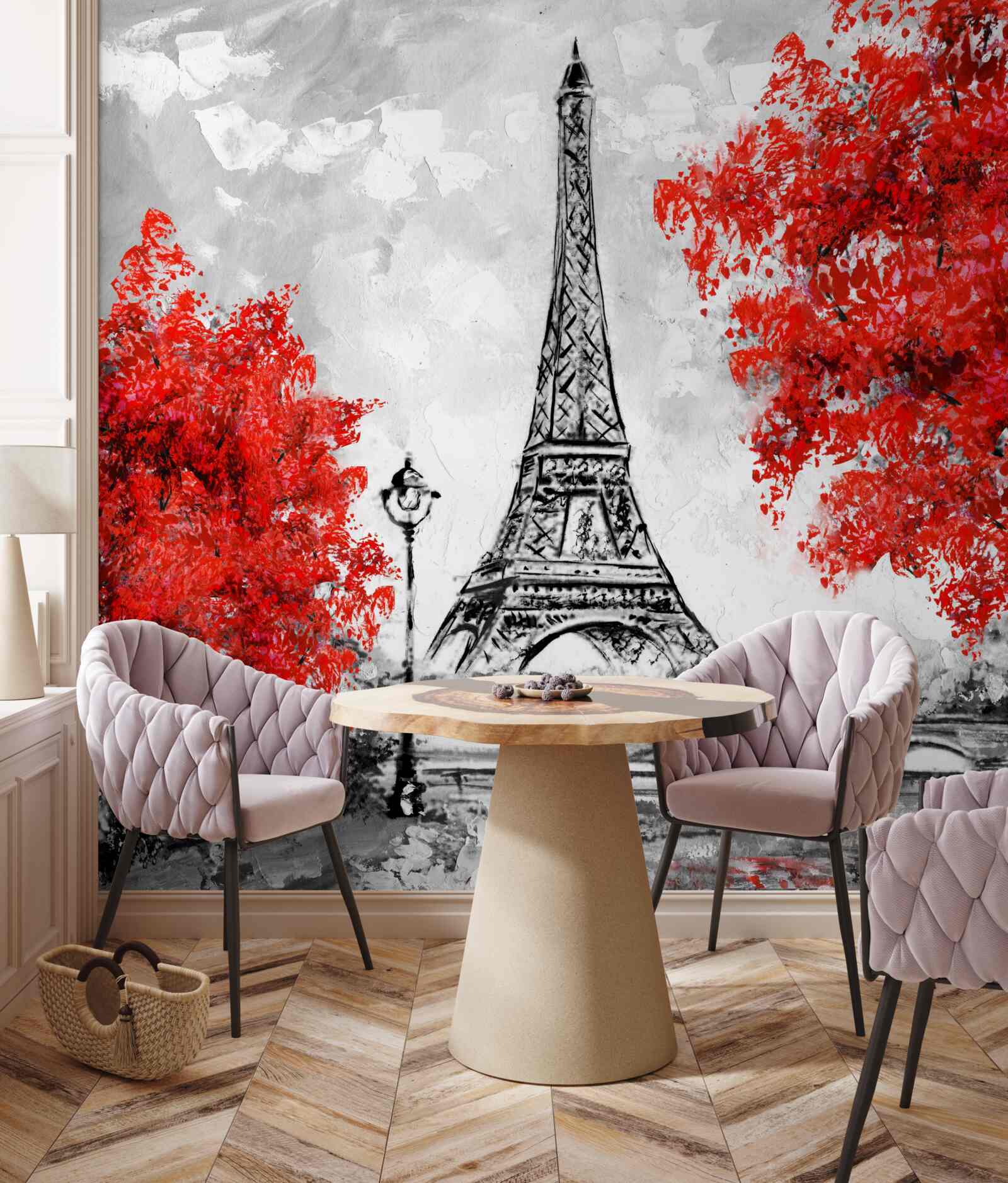 Fototapet copaci cu frunze roșii dense lângă turnul din Paris