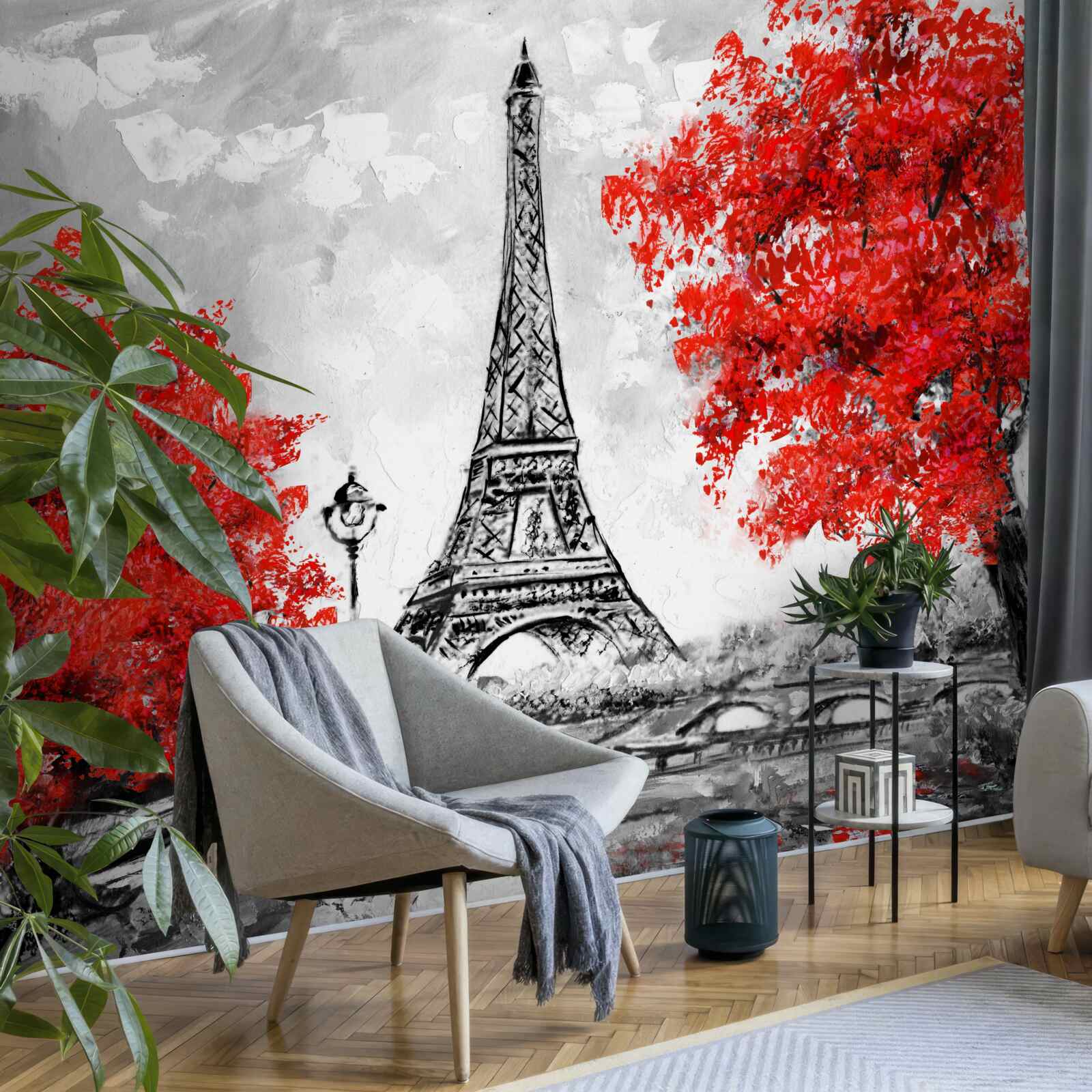 Fototapet copaci cu frunze roșii dense lângă turnul din Paris