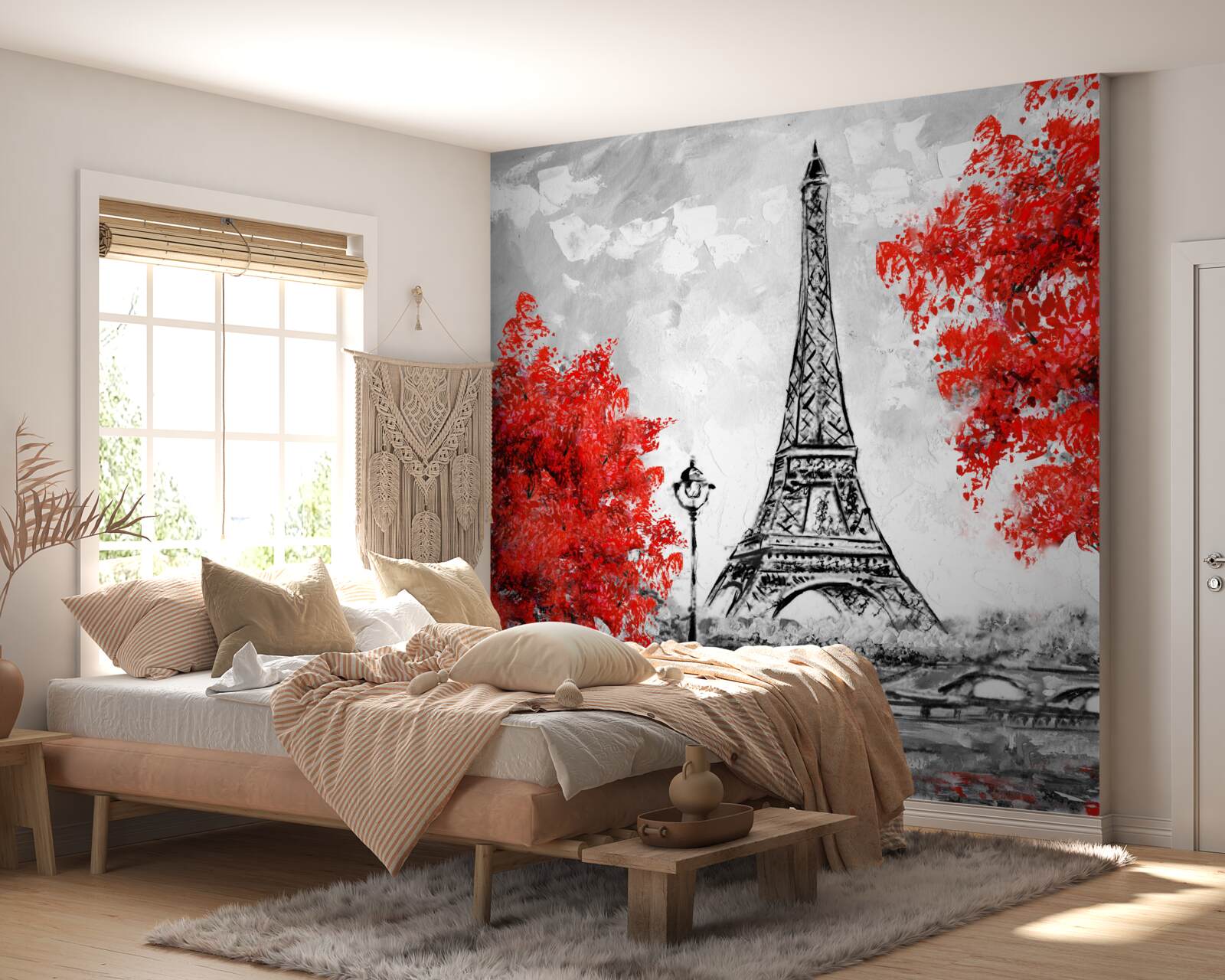 Fototapet copaci cu frunze roșii dense lângă turnul din Paris