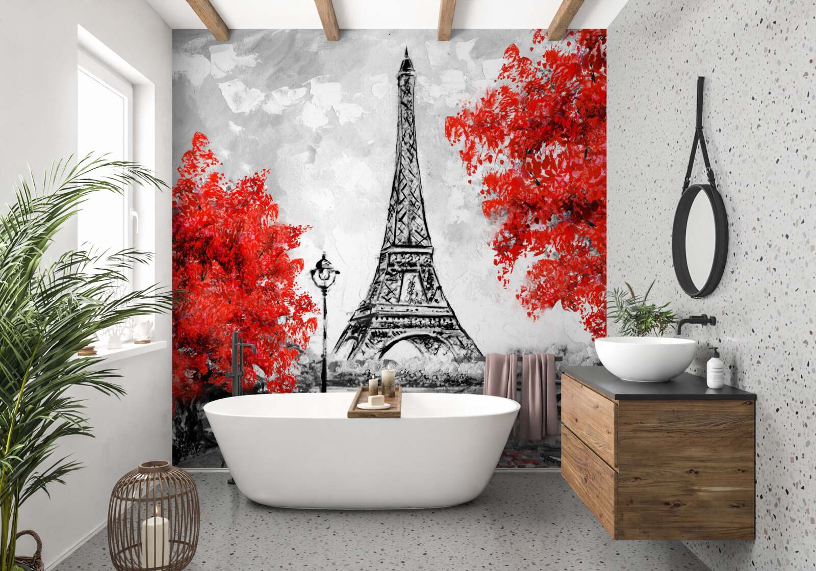 Fototapet copaci cu frunze roșii dense lângă turnul din Paris