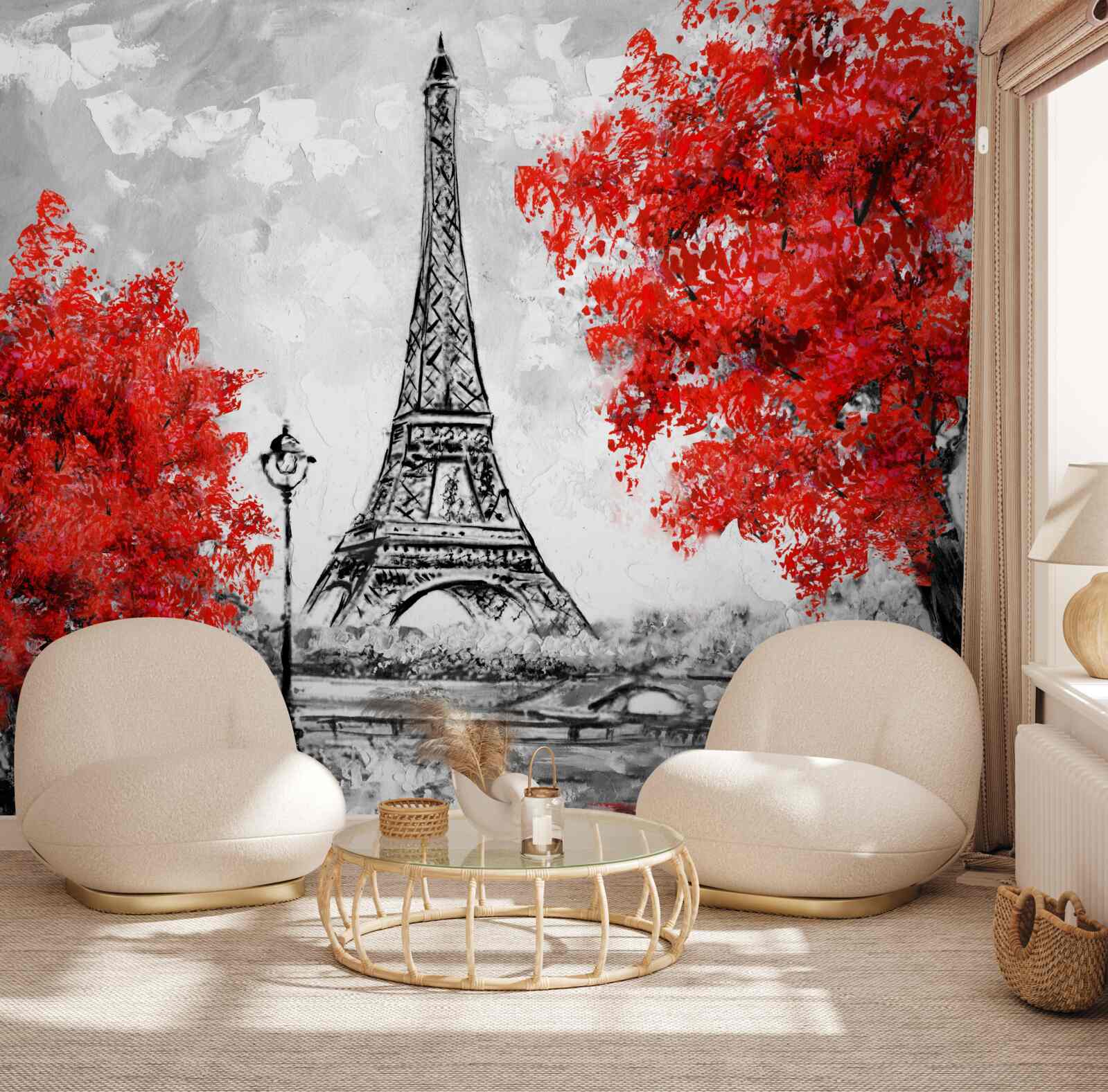 Fototapet copaci cu frunze roșii dense lângă turnul din Paris