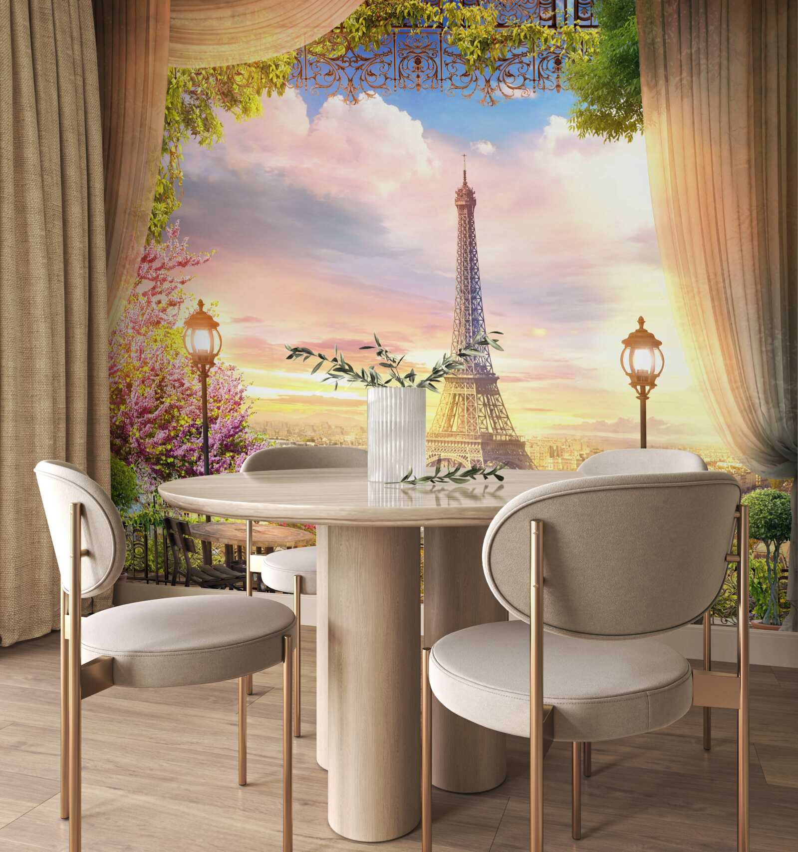 Fototapet măsuțele de cafea cu vedere la turnul eiffel creează o atmosferă confortabilă