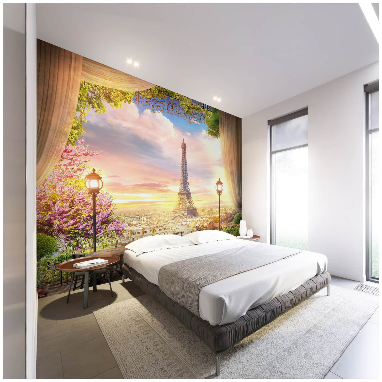 Fototapet măsuțele de cafea cu vedere la turnul eiffel creează o atmosferă confortabilă