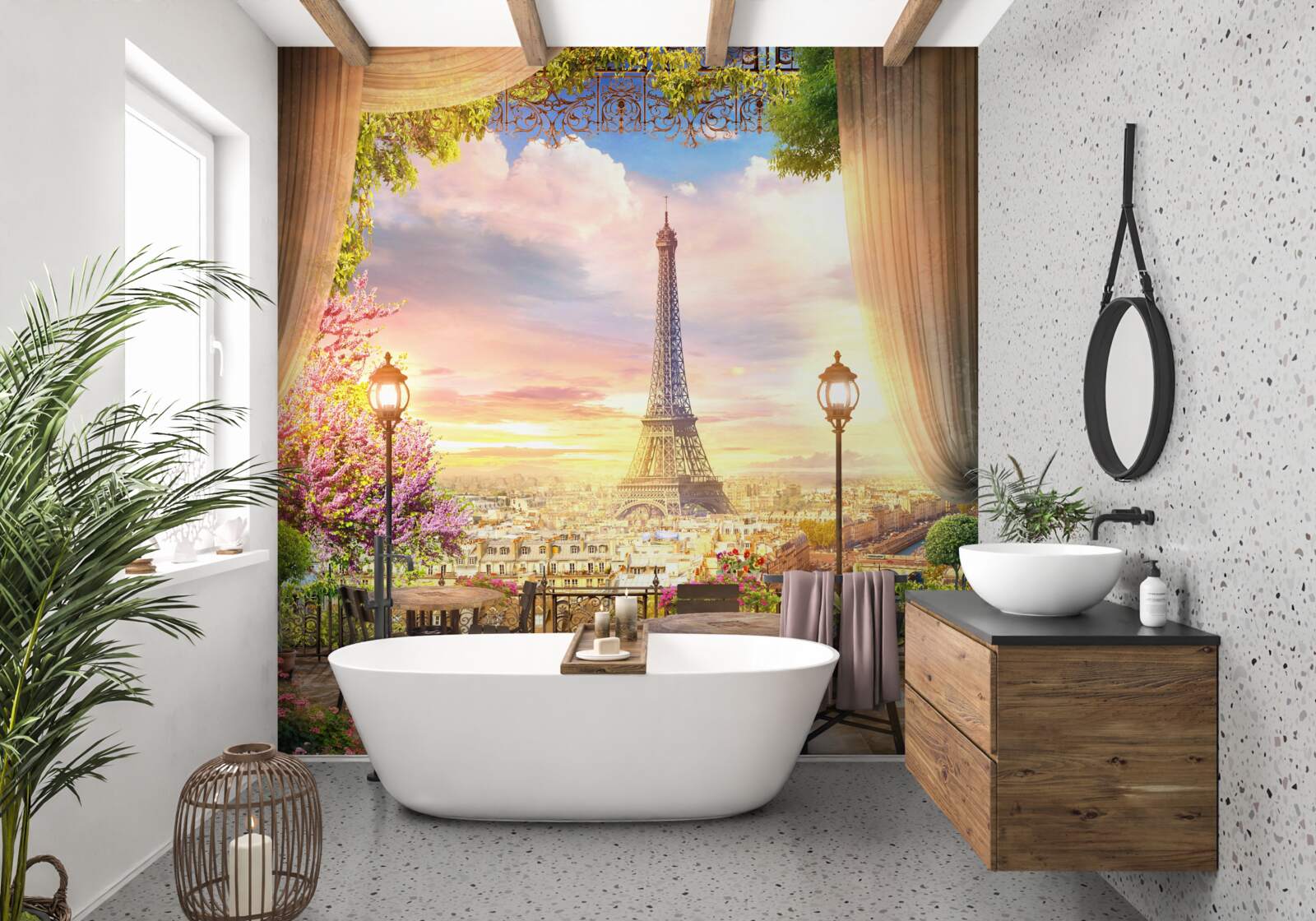 Fototapet măsuțele de cafea cu vedere la turnul eiffel creează o atmosferă confortabilă