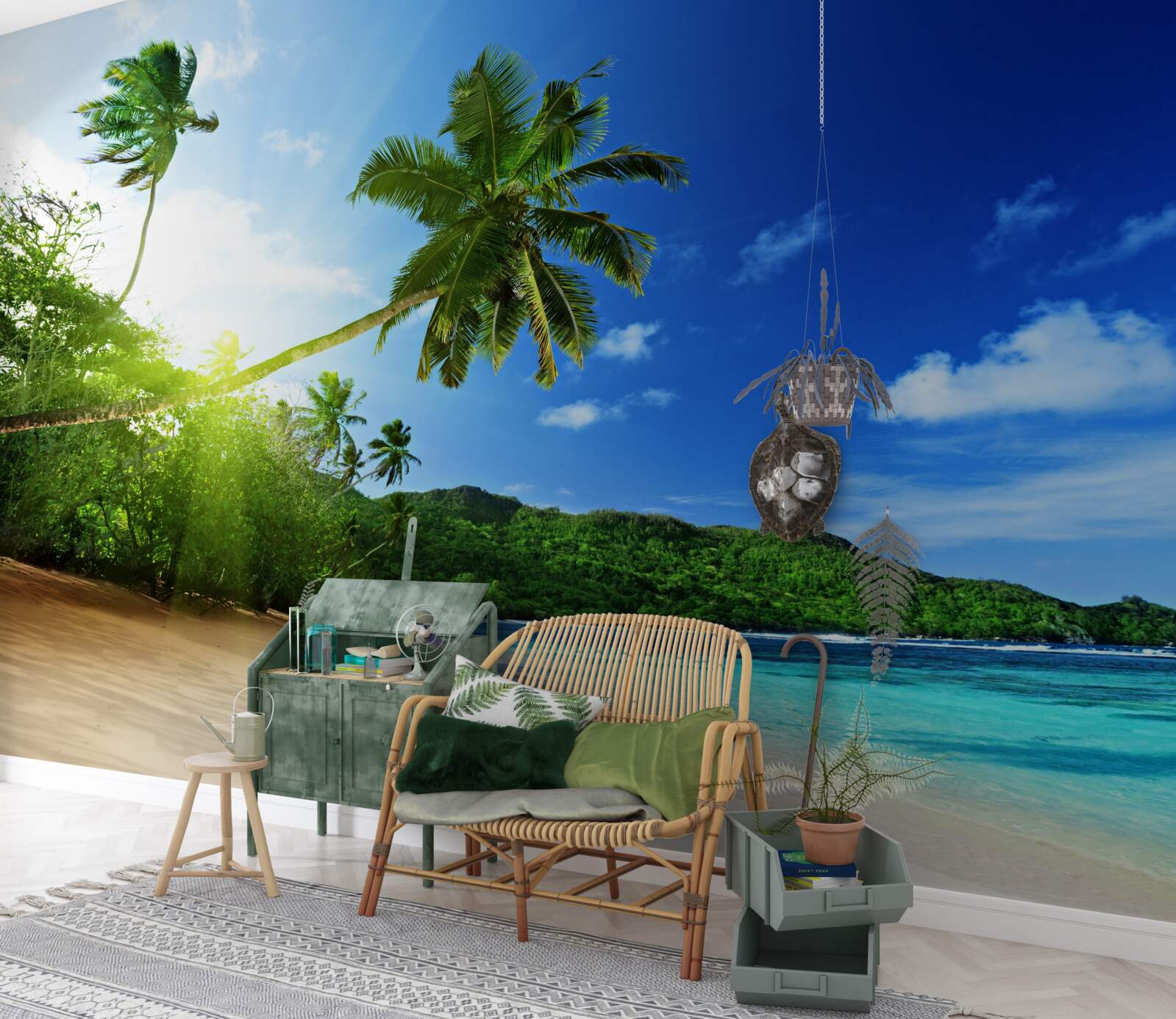 Fototapet razele soarelui răsare și luminează țărmul tropical al