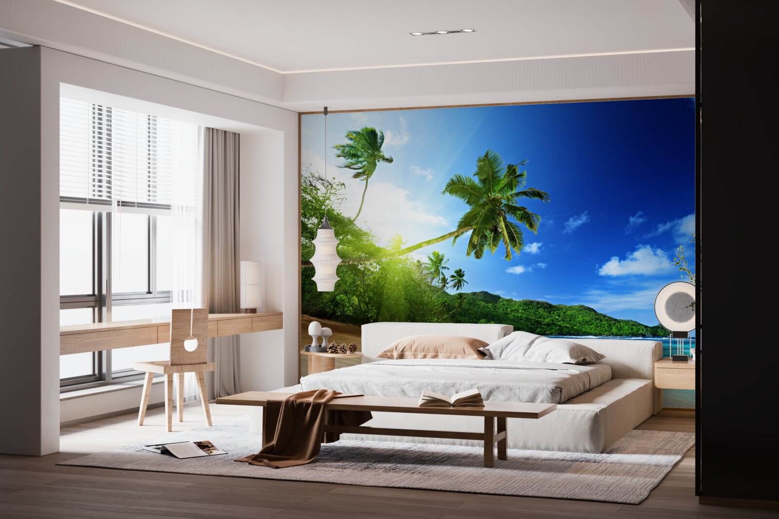 Fototapet razele soarelui răsare și luminează țărmul tropical al