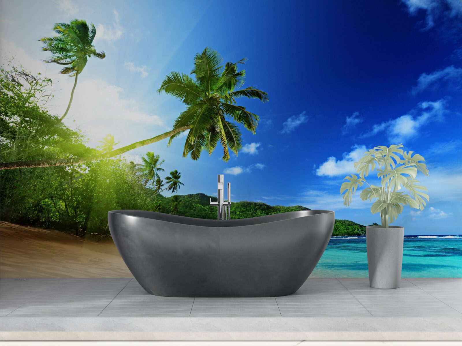 Fototapet razele soarelui răsare și luminează țărmul tropical al