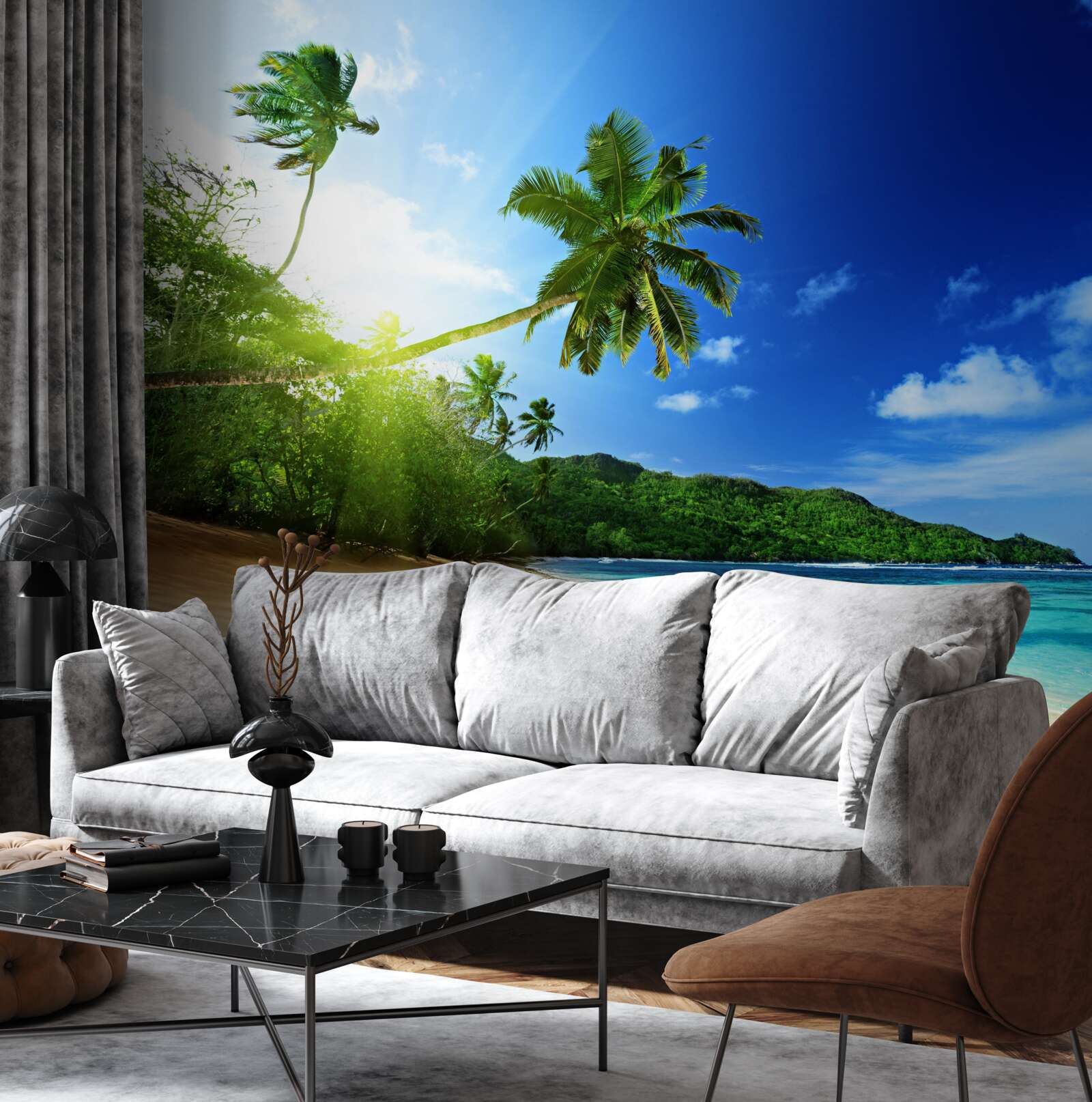 Fototapet razele soarelui răsare și luminează țărmul tropical al