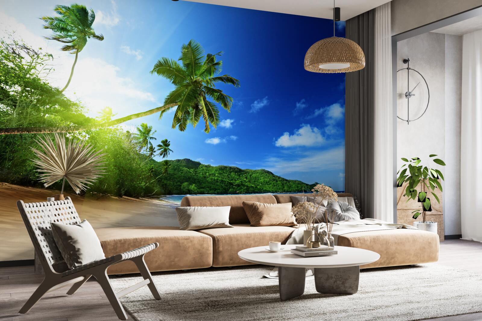 Fototapet razele soarelui răsare și luminează țărmul tropical al